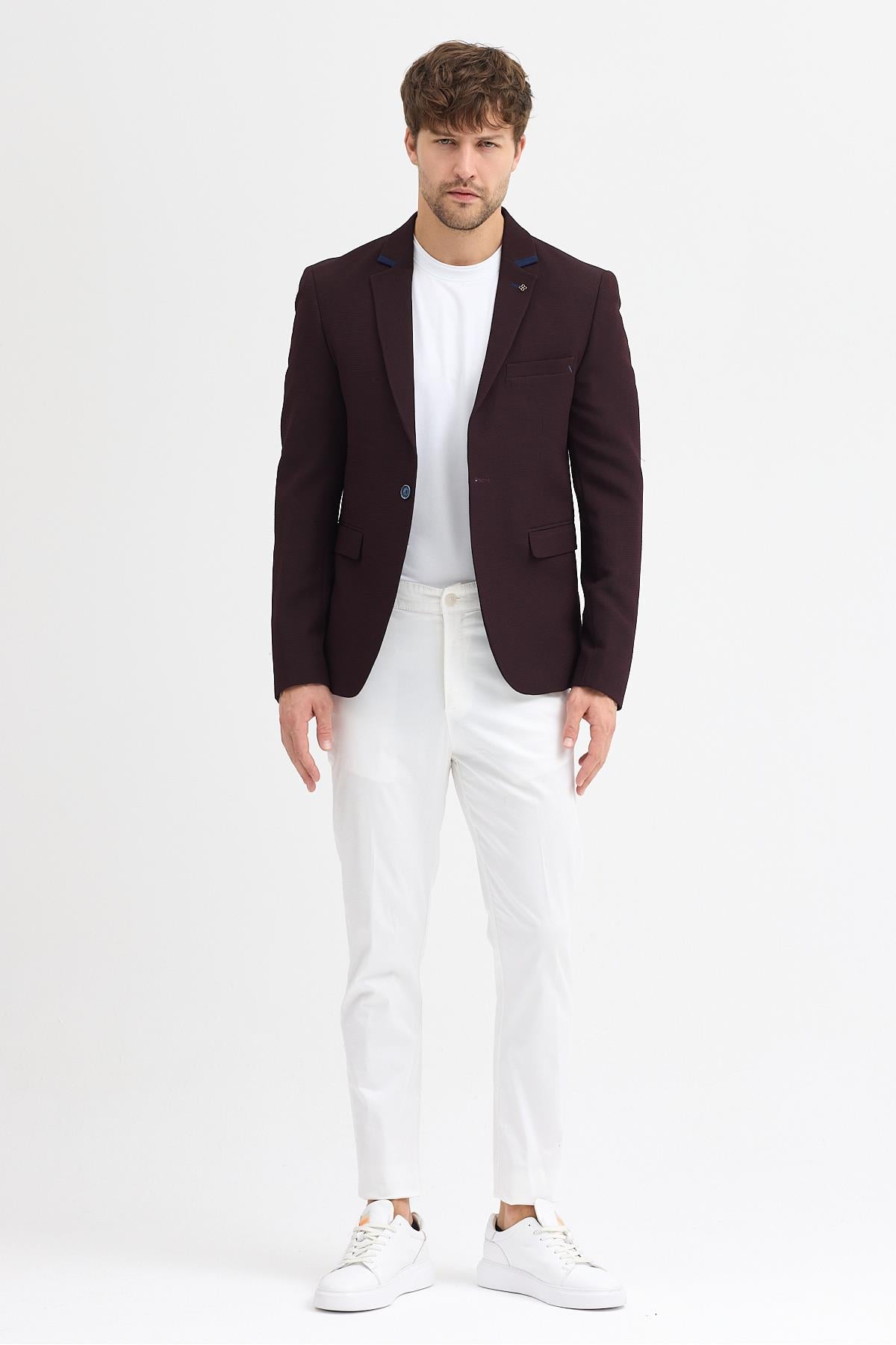 AVR Zoro Erkek Koyu Bordo Poliviskon Kumaşlı Esnek Slim Fit Spor Blazer Ceket