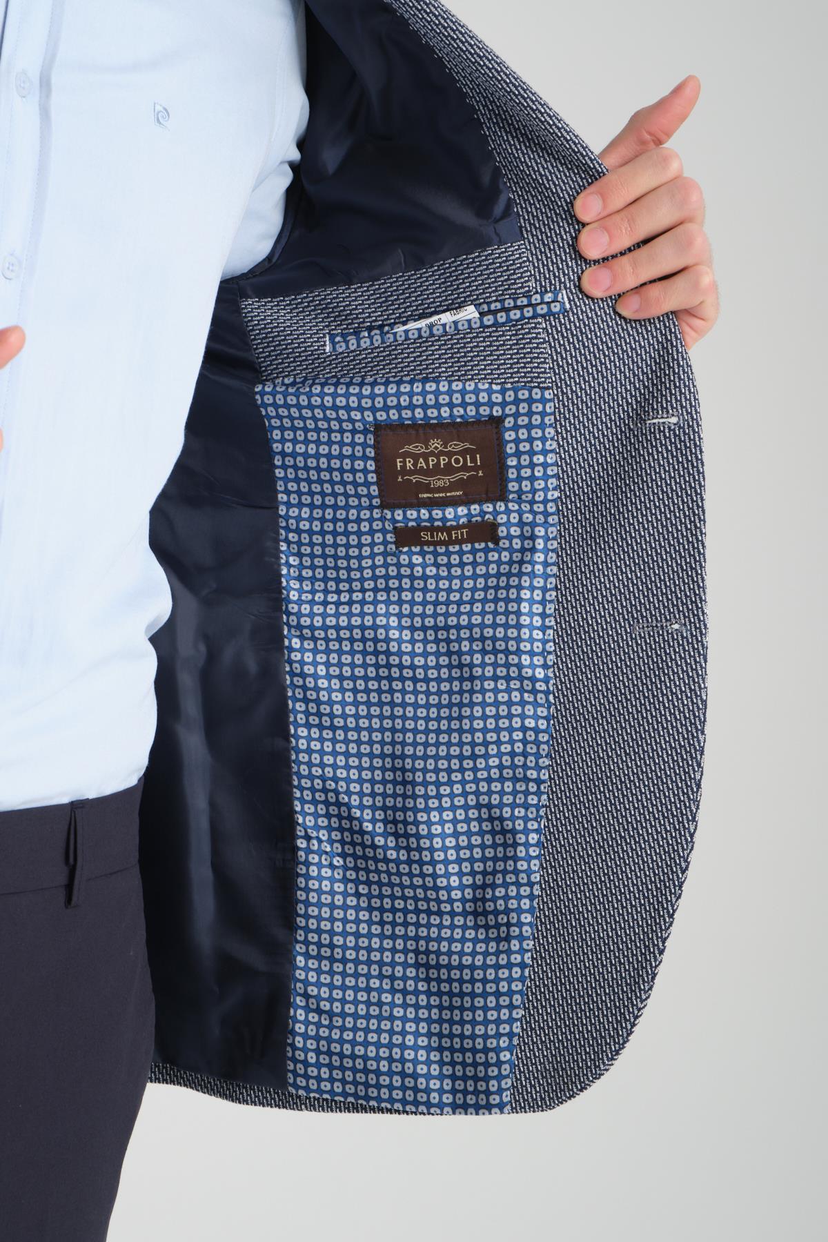 Bacco Erkek Lacivert Mono Yaka Kendinden Desenli Slim Fit Dar Kesim Blazer Ceket