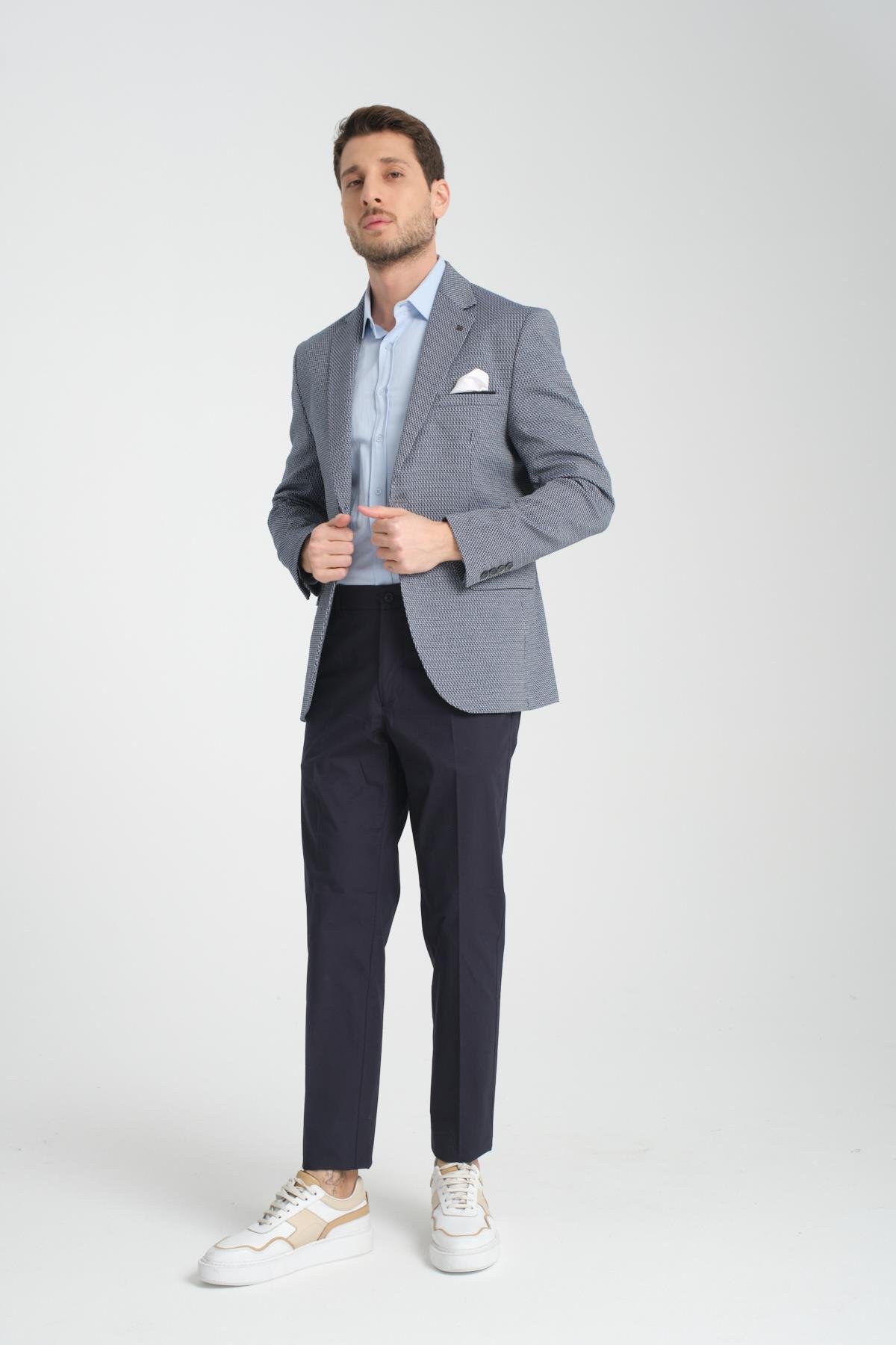 Bacco Erkek Lacivert Mono Yaka Kendinden Desenli Slim Fit Dar Kesim Blazer Ceket
