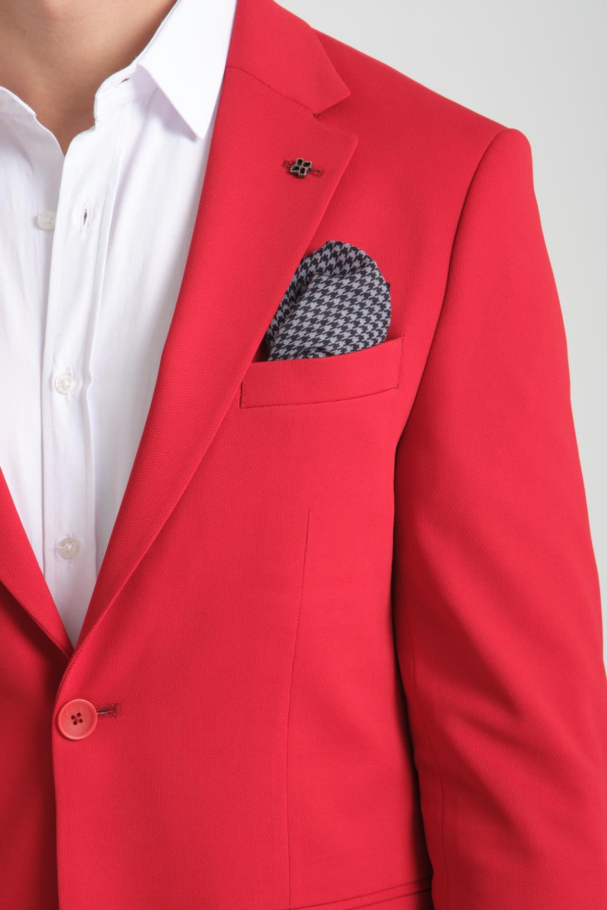 Baselna Erkek Kırmızı Esneyen Likralı Kumaşlı Tam Astarlı Slim Fit Mono Yaka Dar Kesim Blazer Ceket