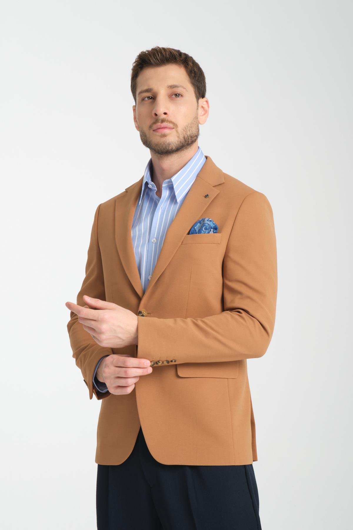 Baselna Erkek Turuncu Esneyen Likralı Kumaşlı Tam Astarlı Slim Fit Mono Yaka Dar Kesim Blazer Ceket