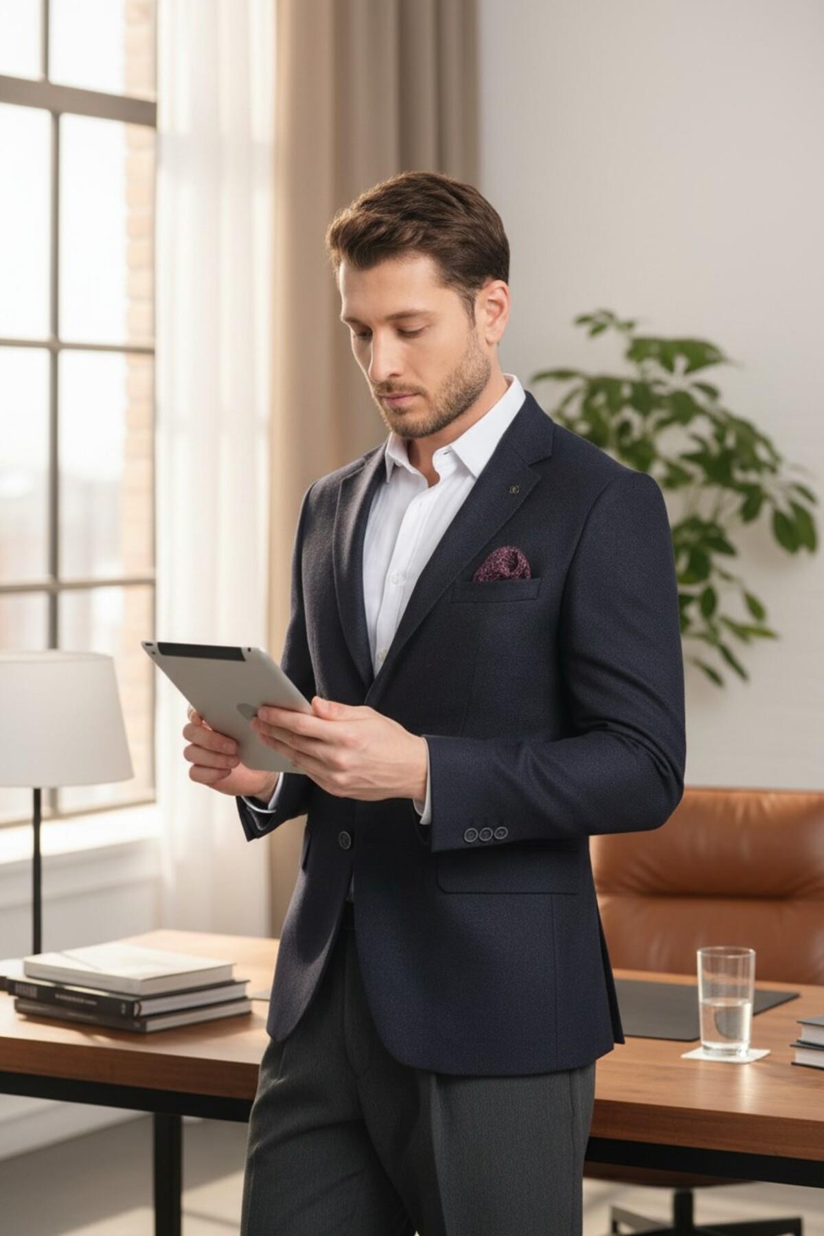 Baselnaa Erkek Koyu Lacivert Battal Büyük Beden Dar Kesim Astarlı Düğmeli Basic Blazer Ceket