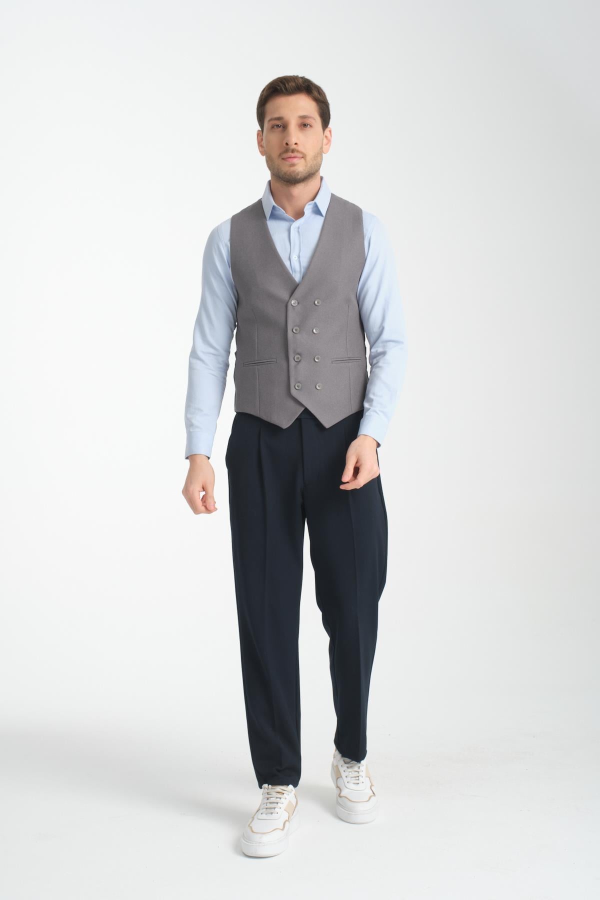 Basic Kruvaze V Yaka Slim Fit Yelek