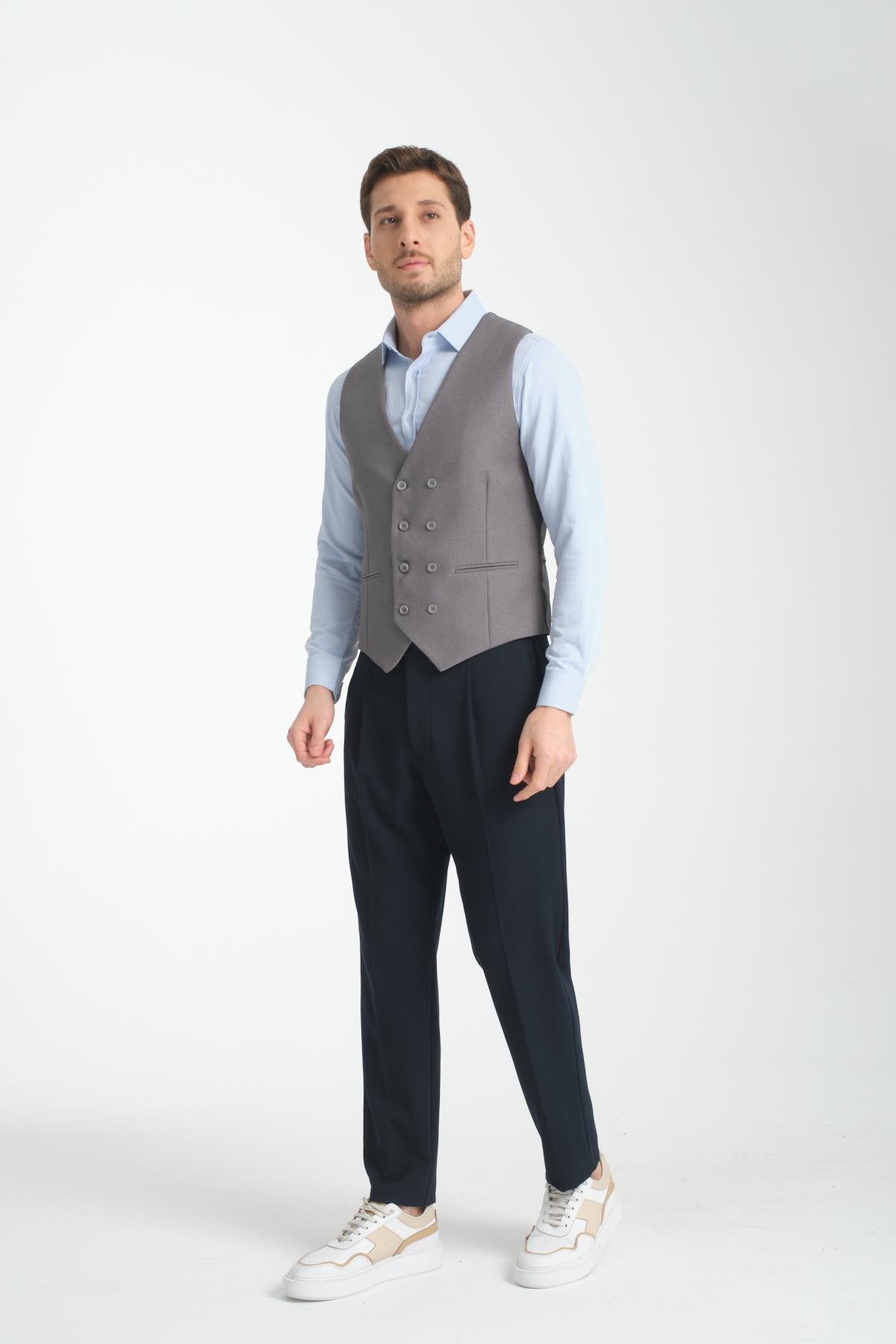 Basic Kruvaze V Yaka Slim Fit Yelek
