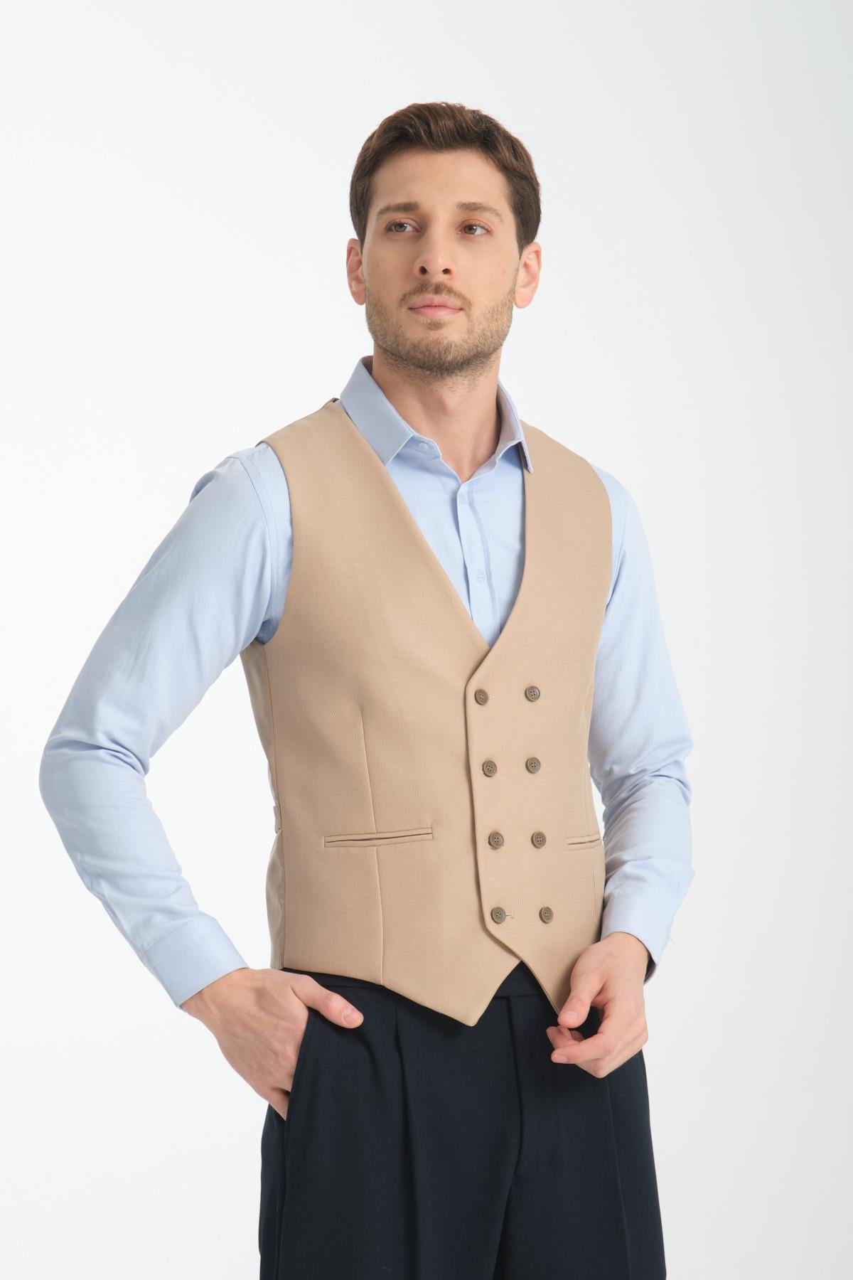 Basic Kruvaze V Yaka Slim Fit Yelek