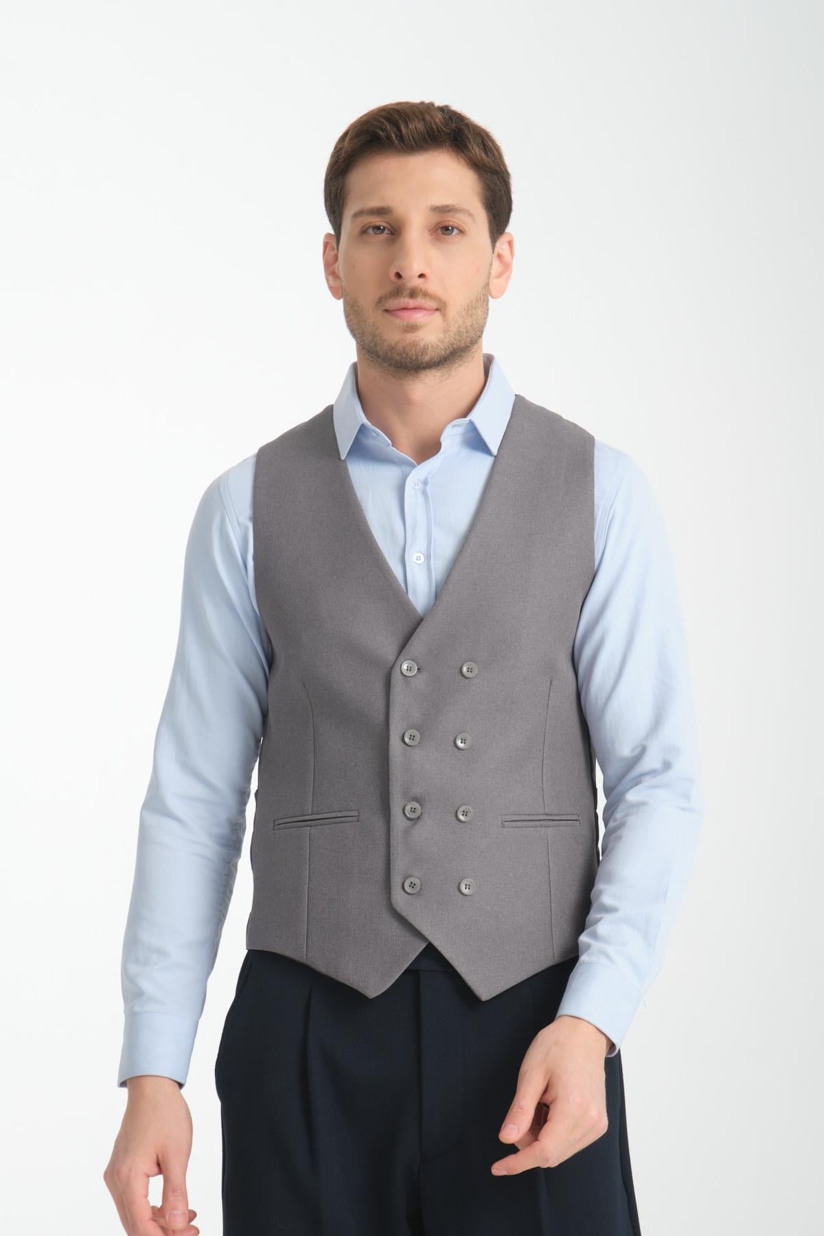 Basic Kruvaze V Yaka Slim Fit Yelek