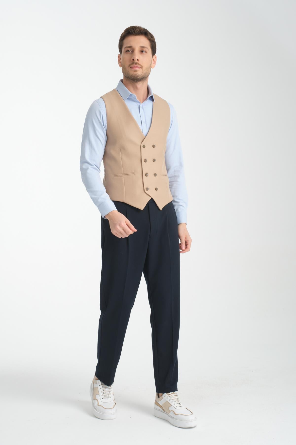 Basic Kruvaze V Yaka Slim Fit Yelek
