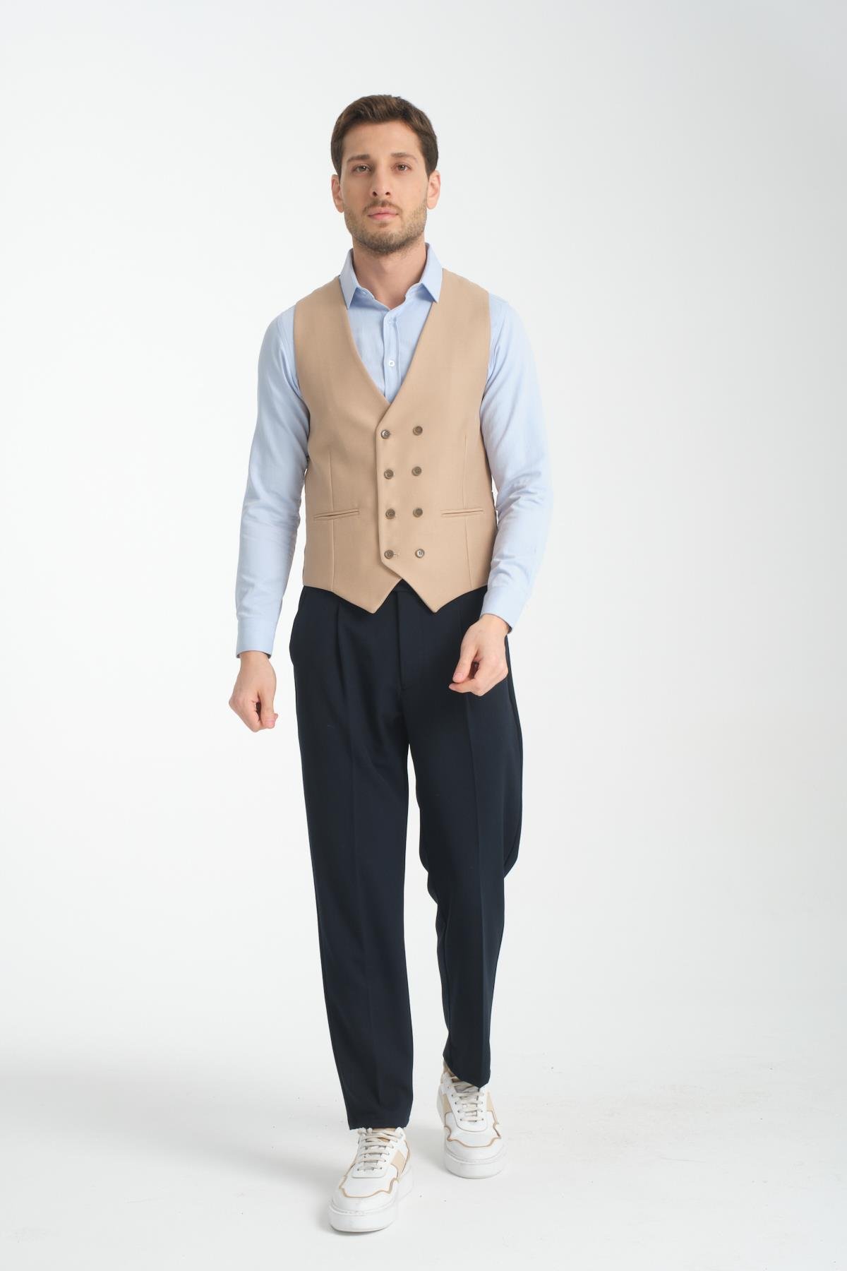 Basic Kruvaze V Yaka Slim Fit Yelek