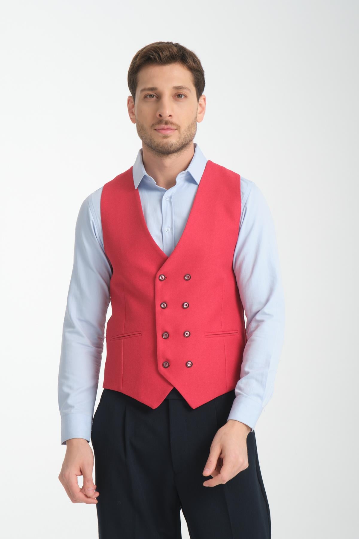 Basic Kruvaze V Yaka Slim Fit Yelek