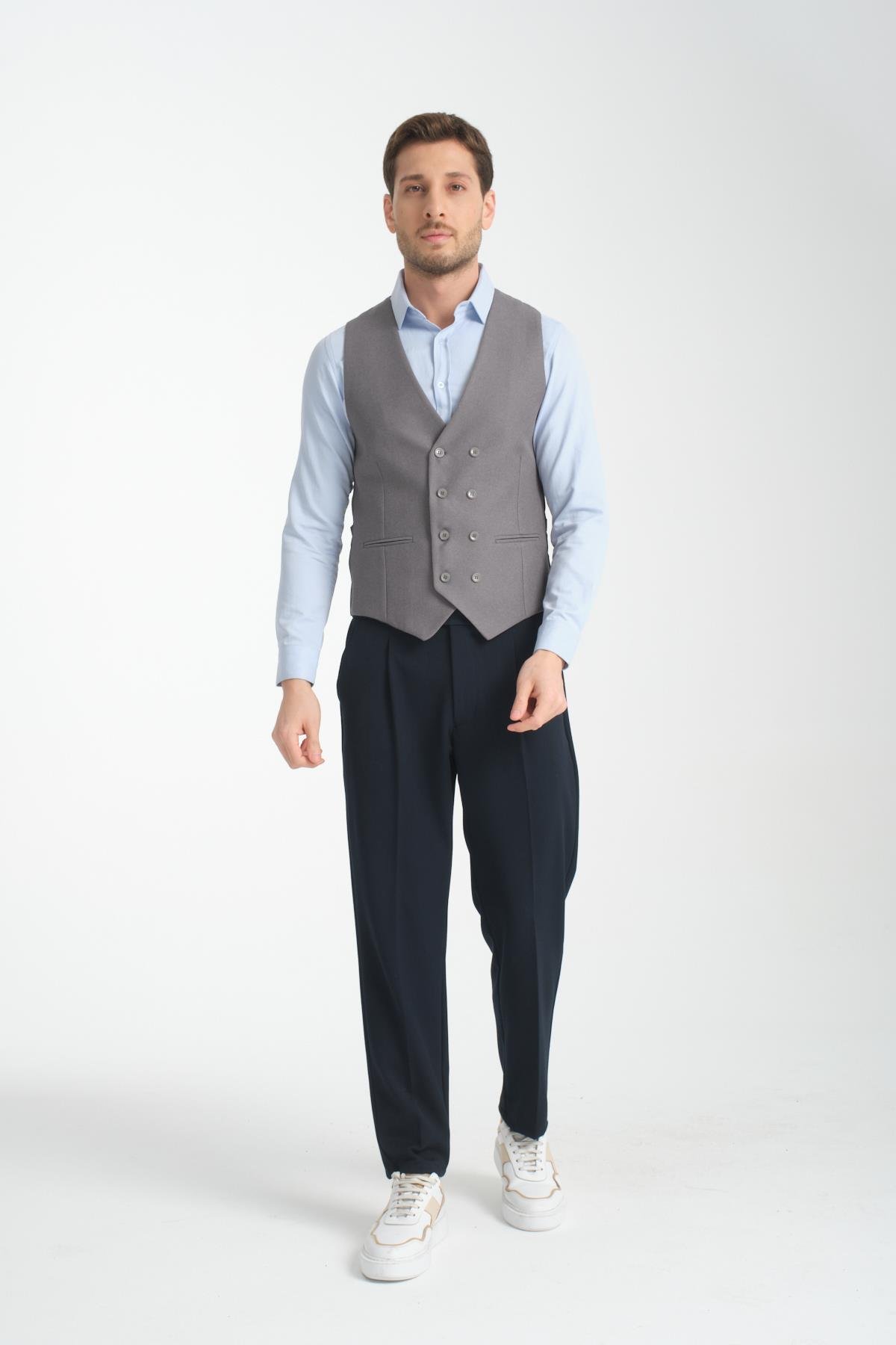 Basic Kruvaze V Yaka Slim Fit Yelek
