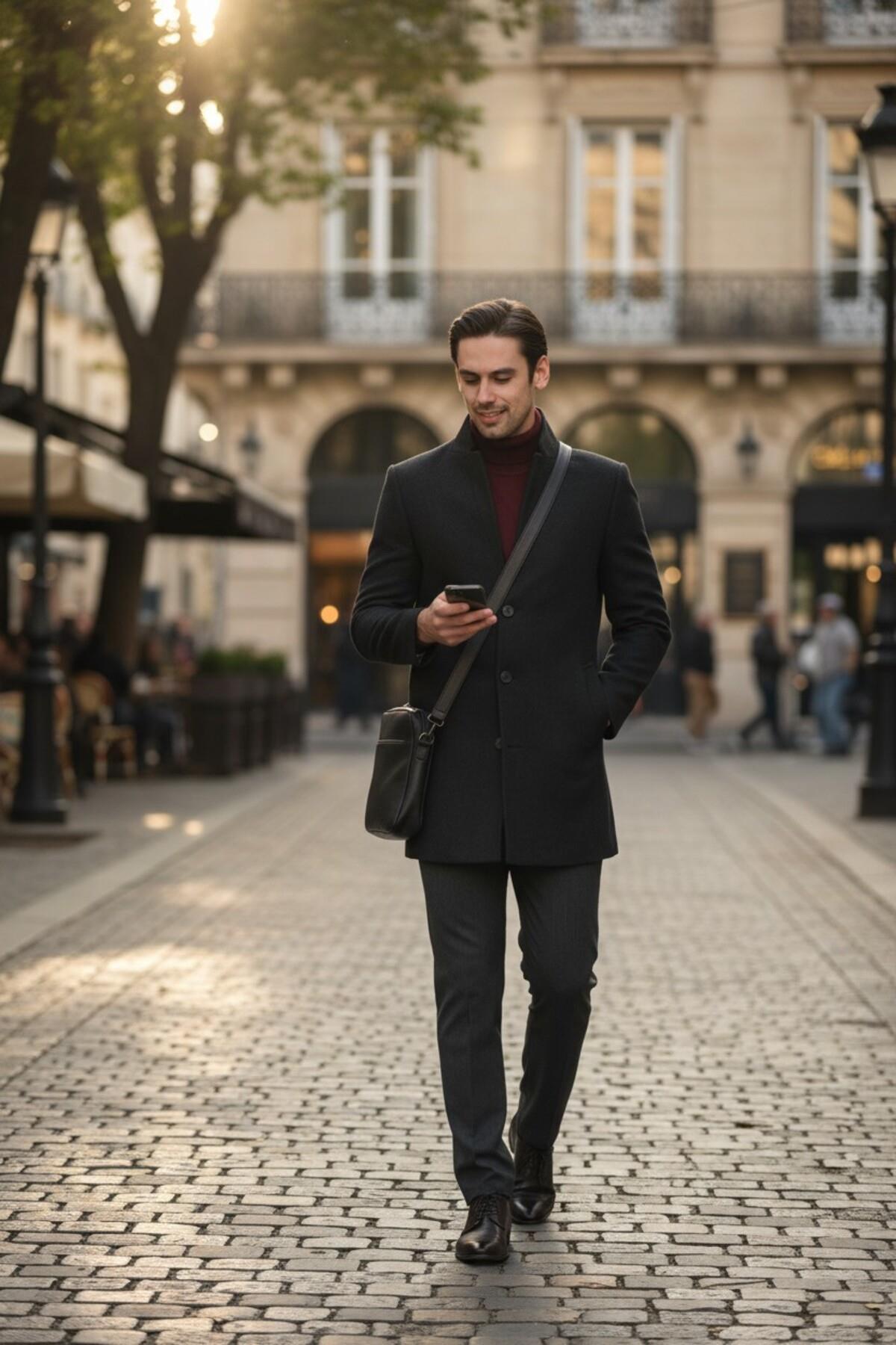 Bergamo Erkek Antrasit Regular Fit Dik Yaka Kaşe Kaban