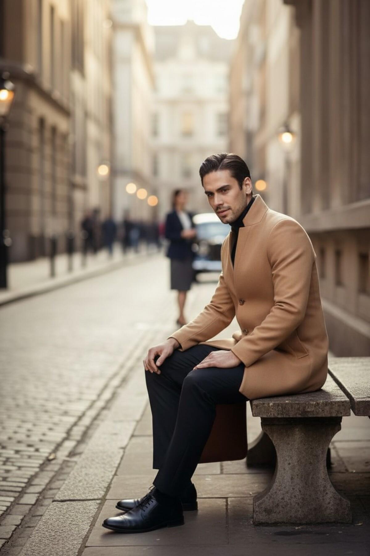 Bergamo Erkek Camel Regular Fit Dik Yaka Kaşe Kaban