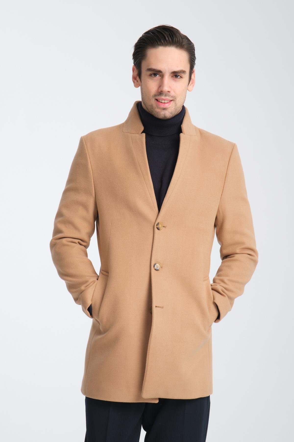 Bergamo Erkek Camel Regular Fit Dik Yaka Kaşe Kaban