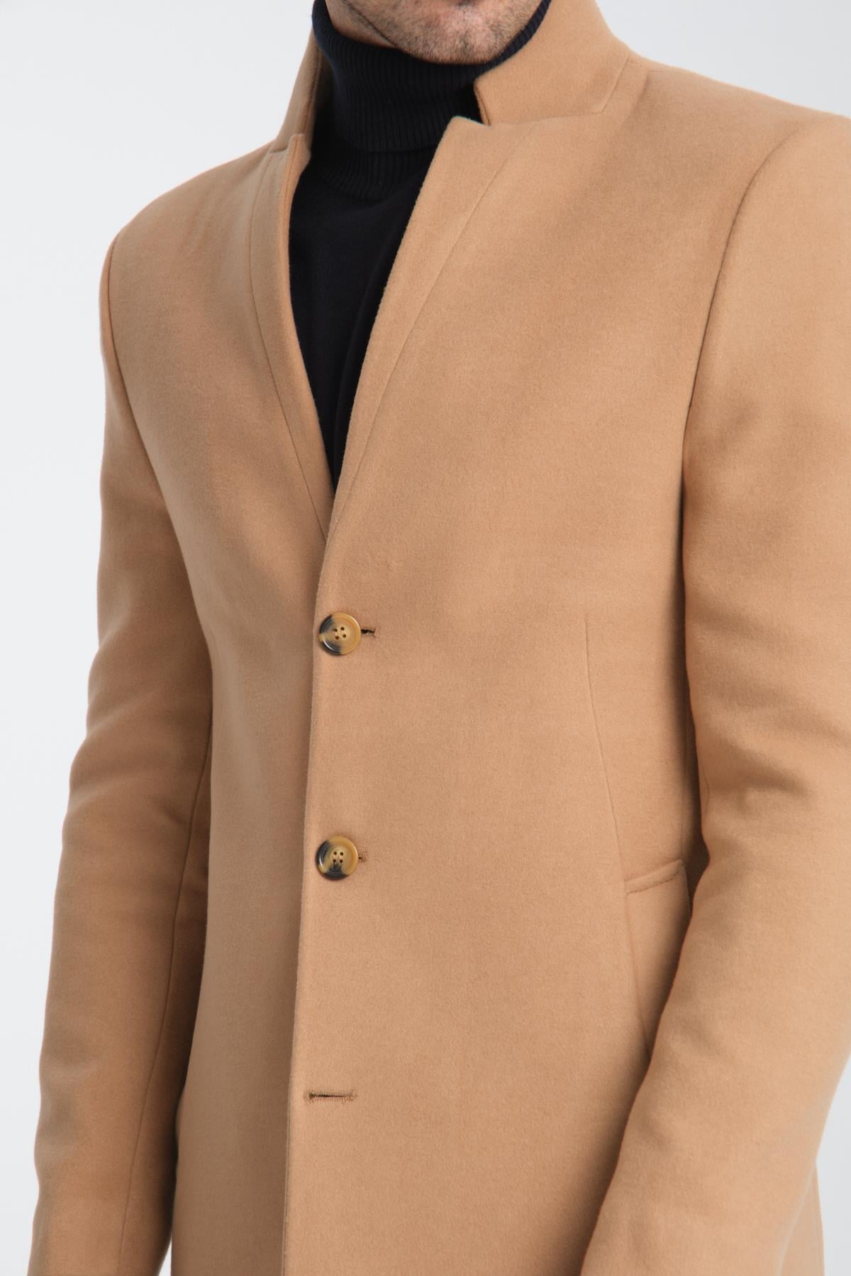 Bergamo Erkek Camel Regular Fit Dik Yaka Kaşe Kaban