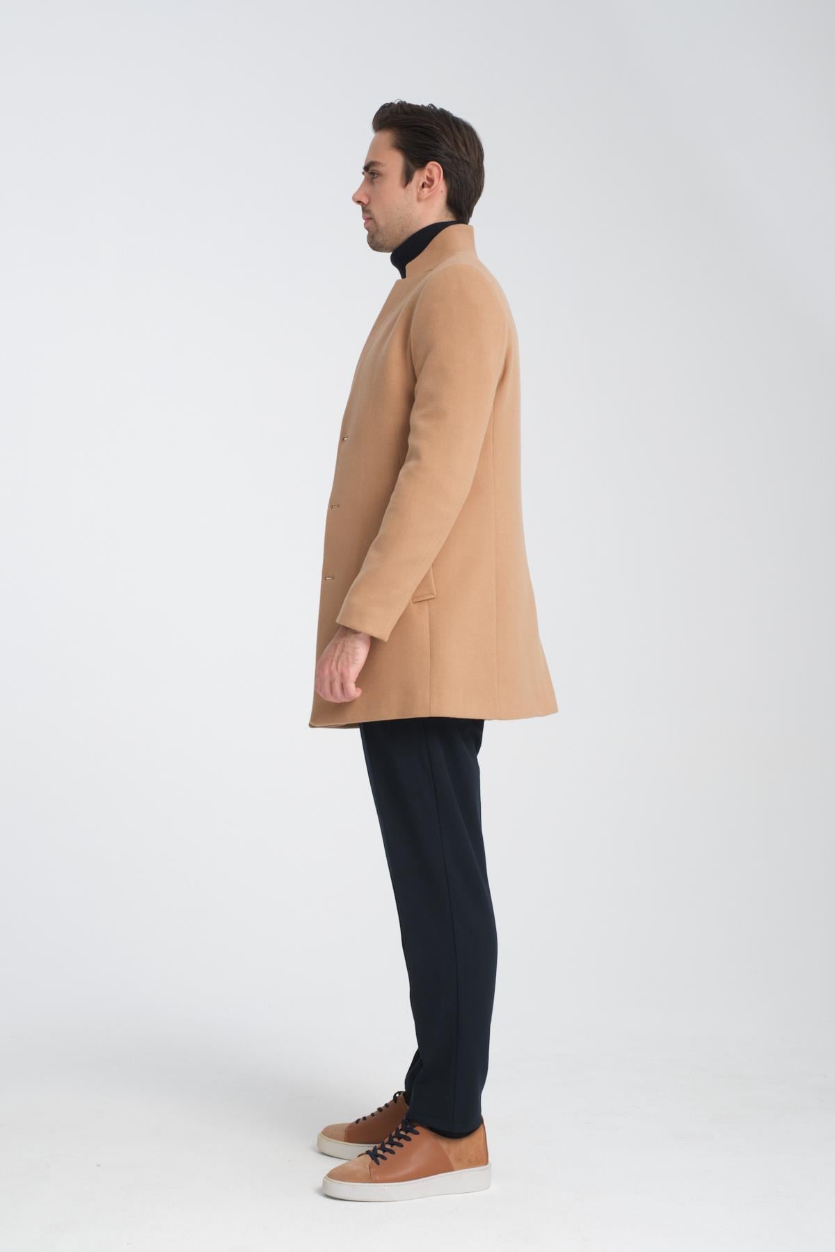 Bergamo Erkek Camel Regular Fit Dik Yaka Kaşe Kaban
