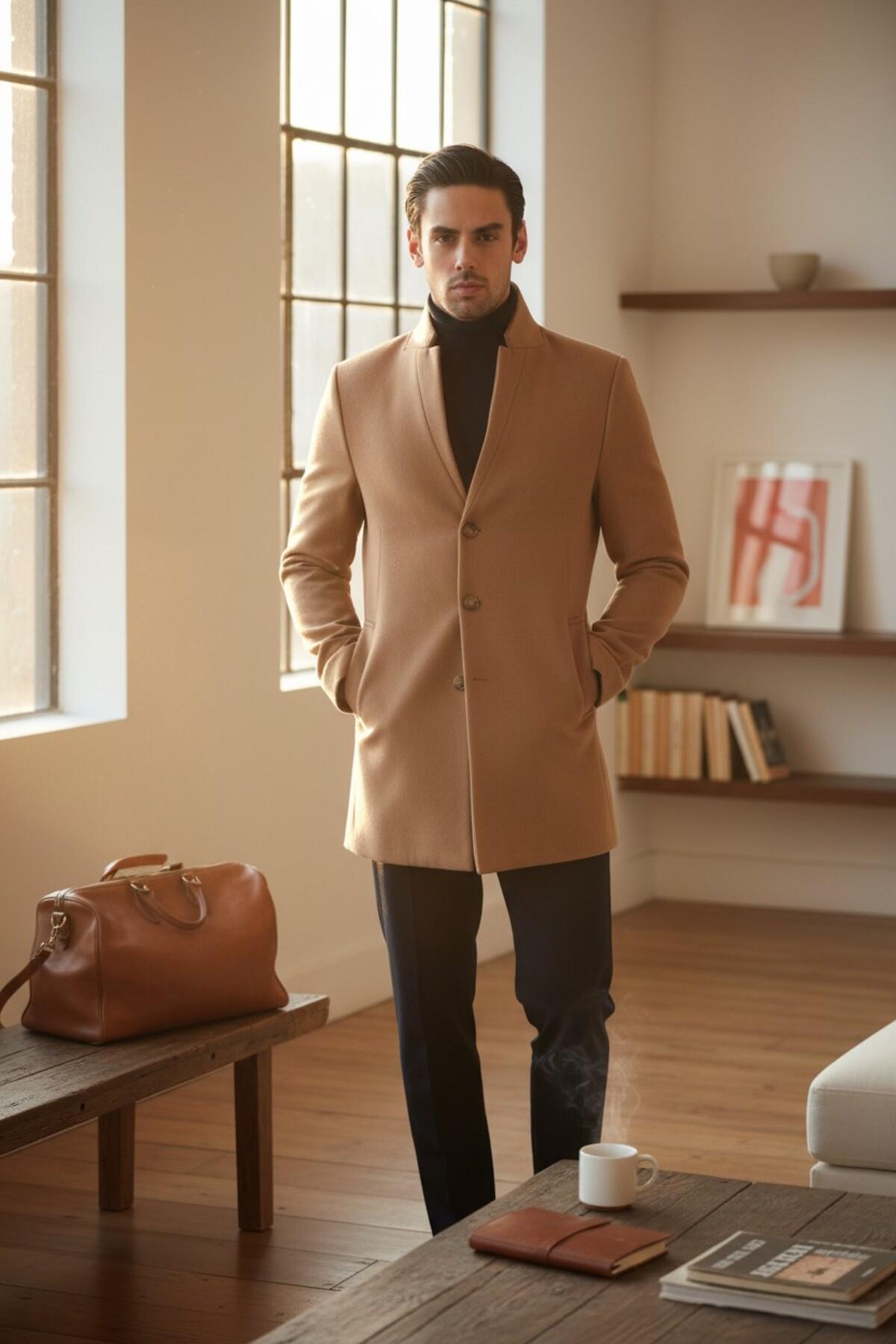 Bergamo Erkek Koyu Camel Regular Fit Dik Yaka Kaşe Kaban