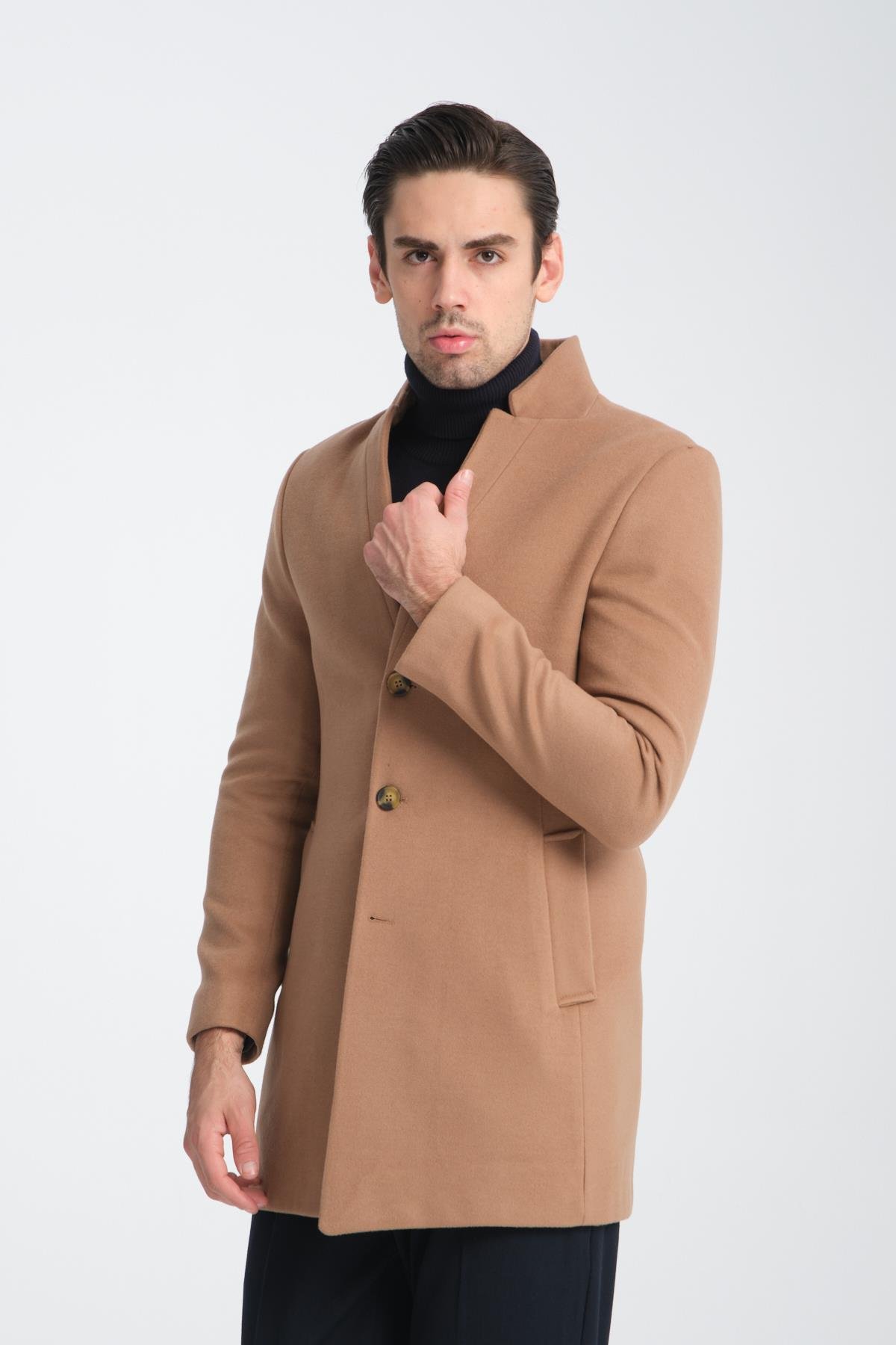 Bergamo Erkek Koyu Camel Regular Fit Dik Yaka Kaşe Kaban