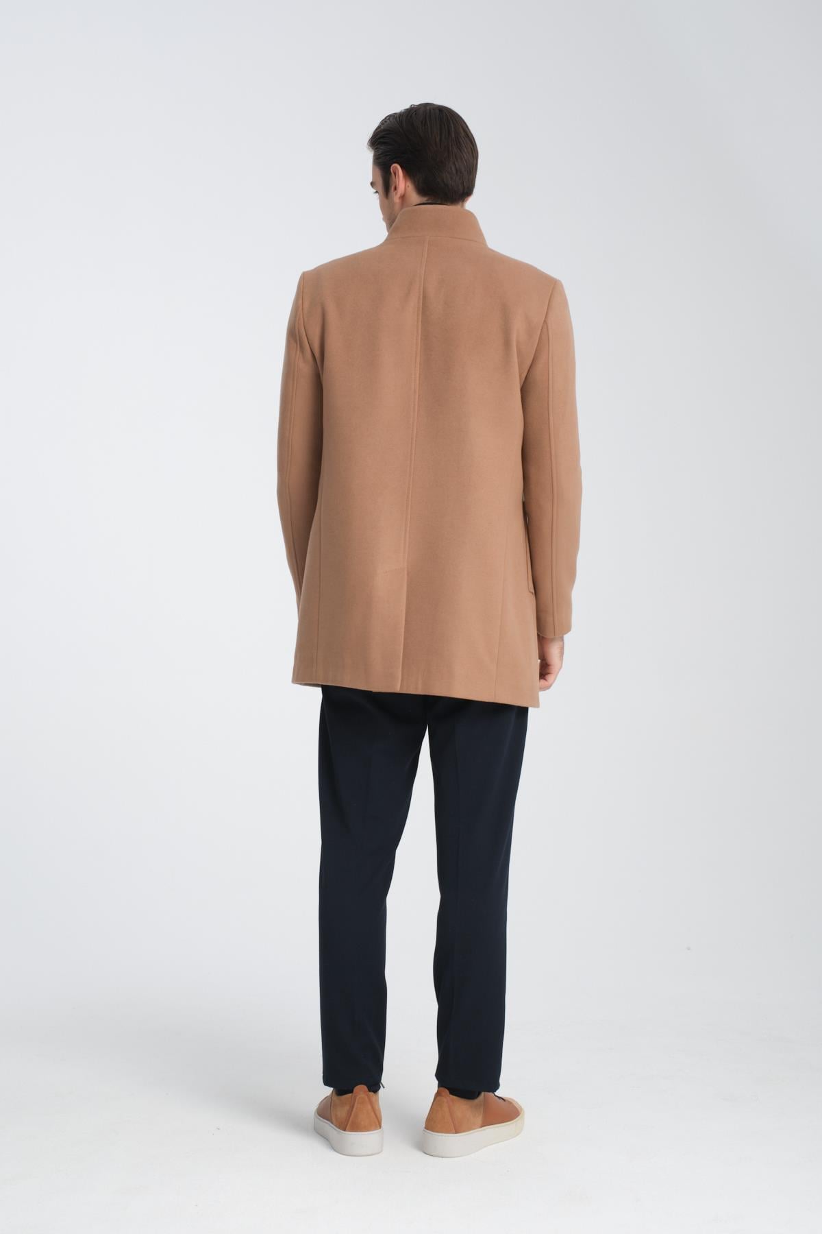 Bergamo Erkek Koyu Camel Regular Fit Dik Yaka Kaşe Kaban