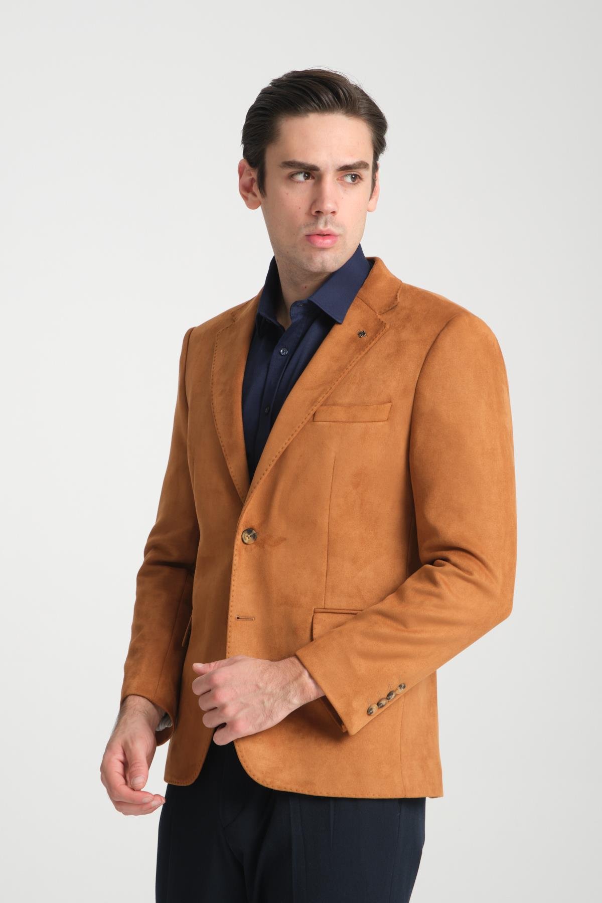 Bernando Erkek Turuncu Süet Yaz-Kış 4 Mevsim Slim Fit Spor Blazer Ceket