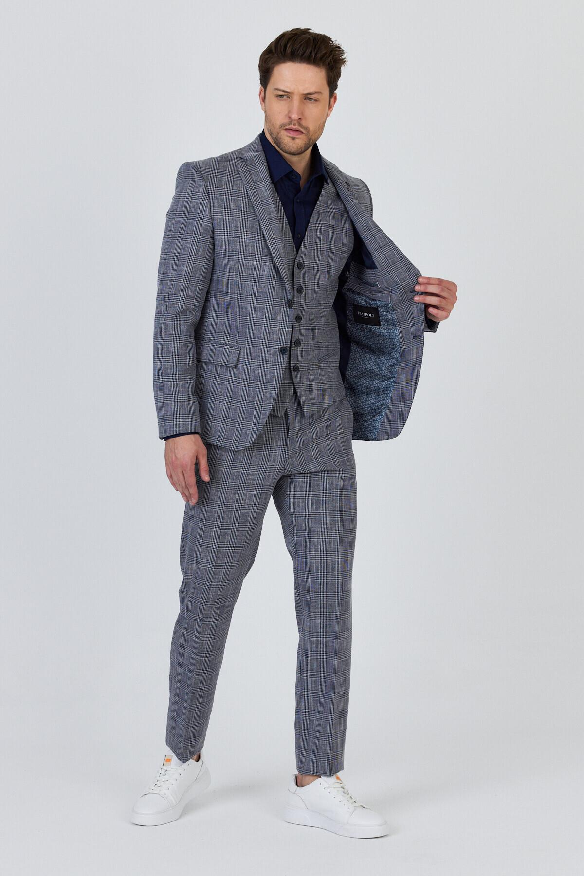 Biglia Erkek Koyu Lacivert-Gri Ceket+Pantolon+Yelek Çift Yırtmaçlı Slim Fit Takim Elbise