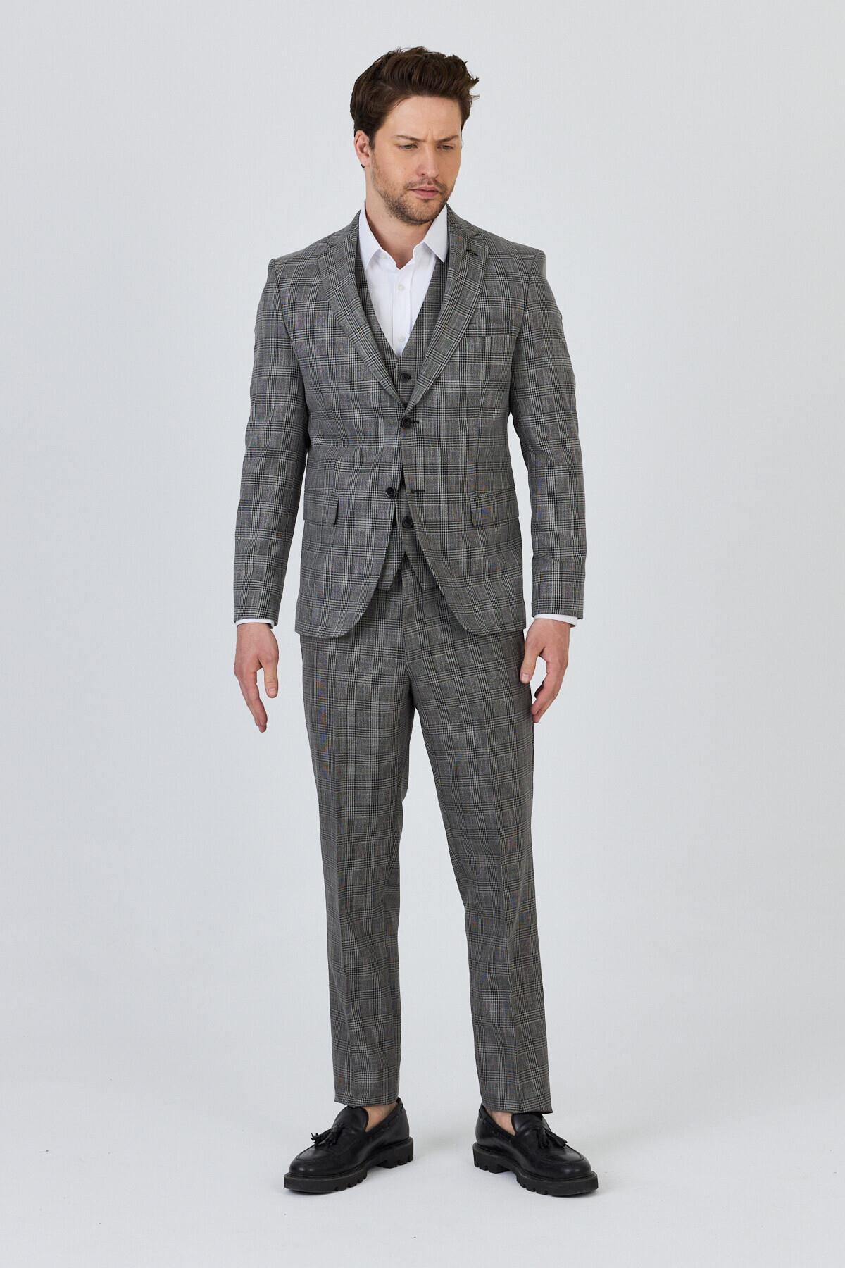 Biglia Erkek Siyah-Gri Ceket+Pantolon+Yelek Çift Yırtmaçlı Slim Fit Takim Elbise