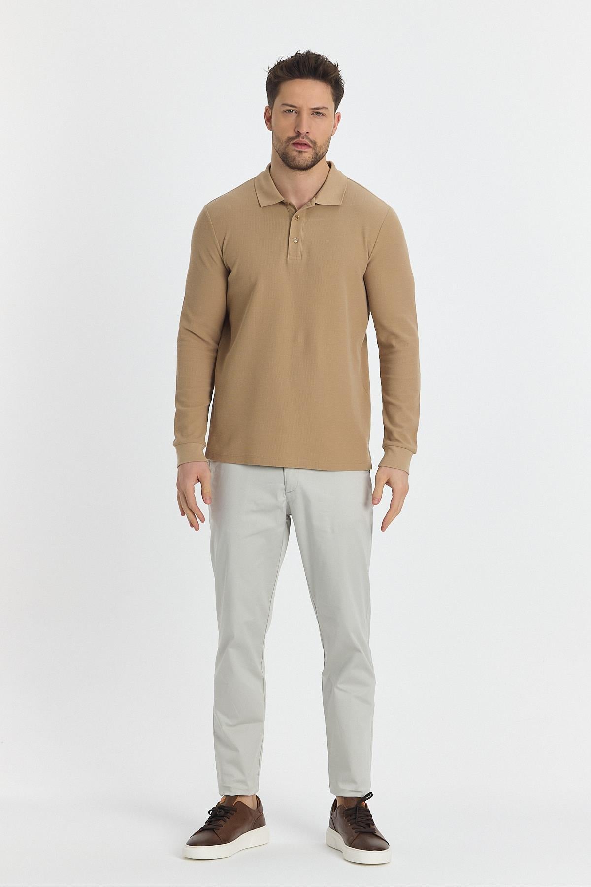 Blum Erkek Bej Slim Fit Waffle Desen %100 Pamuk Likralı Kıvrılmaz Yaka Uzun Kol Polo Yaka Sweatshirt