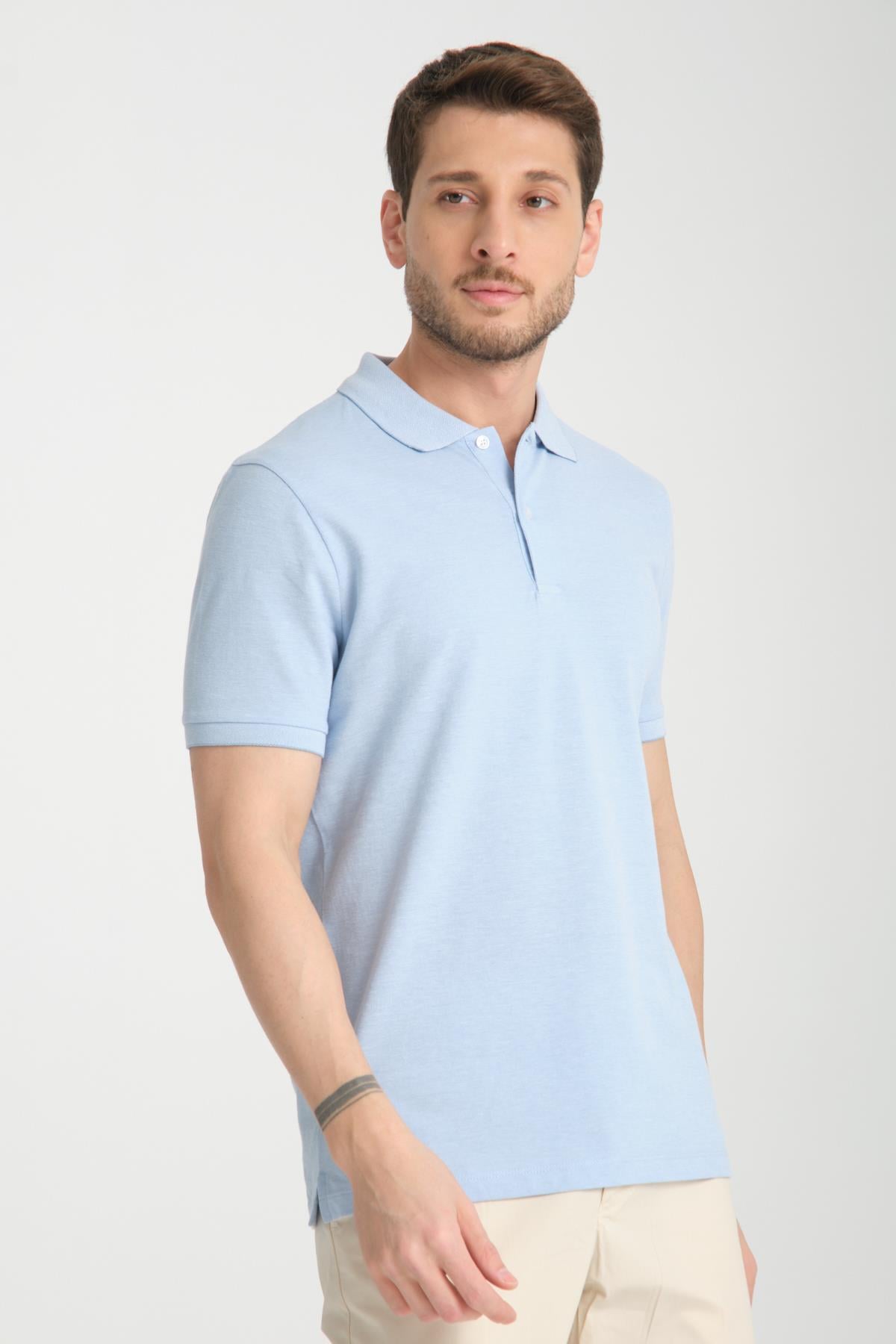 Boggee Pedso Erkek Buz Mavi İtalyan Yaka Çekmez Likralı %100 Pamuklu Kumaş Slim Fit Polo Yaka Tişört