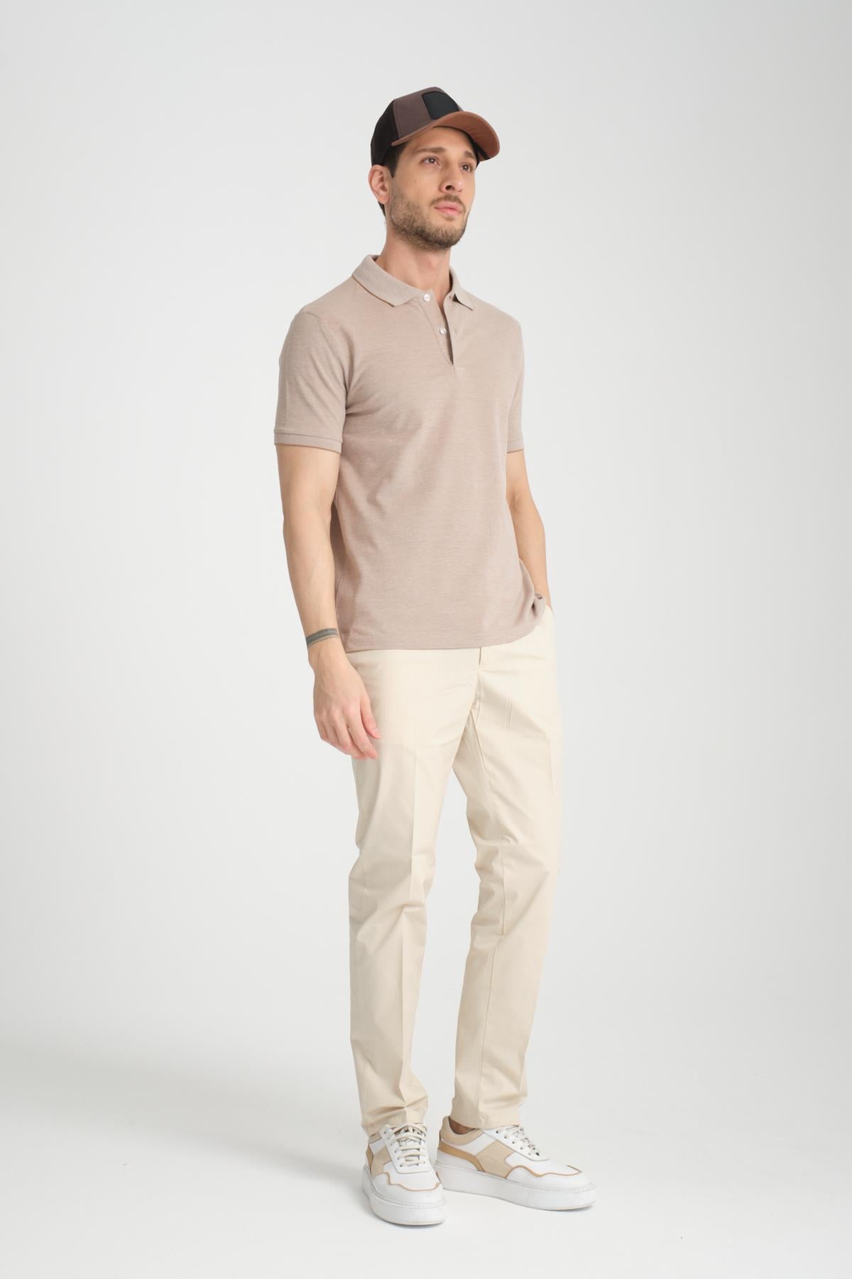 Boggee Pedso Erkek Camel İtalyan Yaka Çekmez Likralı %100 Pamuklu Kumaş Slim Fit Polo Yaka Tişört