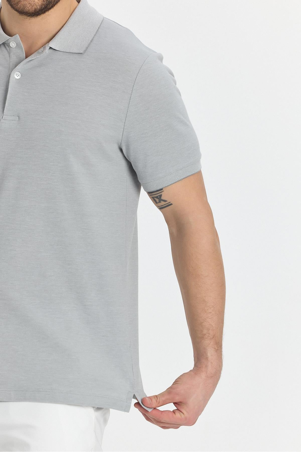 Boggee Pedso Erkek Gri İtalyan Yaka Çekmez Likralı %100 Pamuklu Kumaş Slim Fit Polo Yaka Tişört