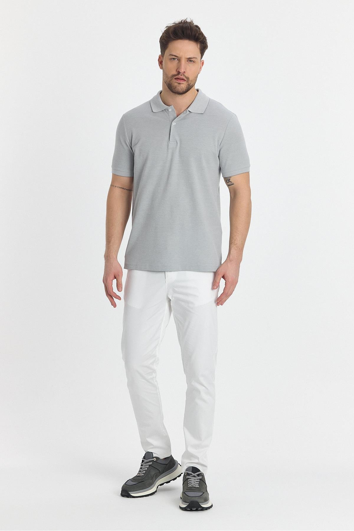 Boggee Pedso Erkek Gri İtalyan Yaka Çekmez Likralı %100 Pamuklu Kumaş Slim Fit Polo Yaka Tişört
