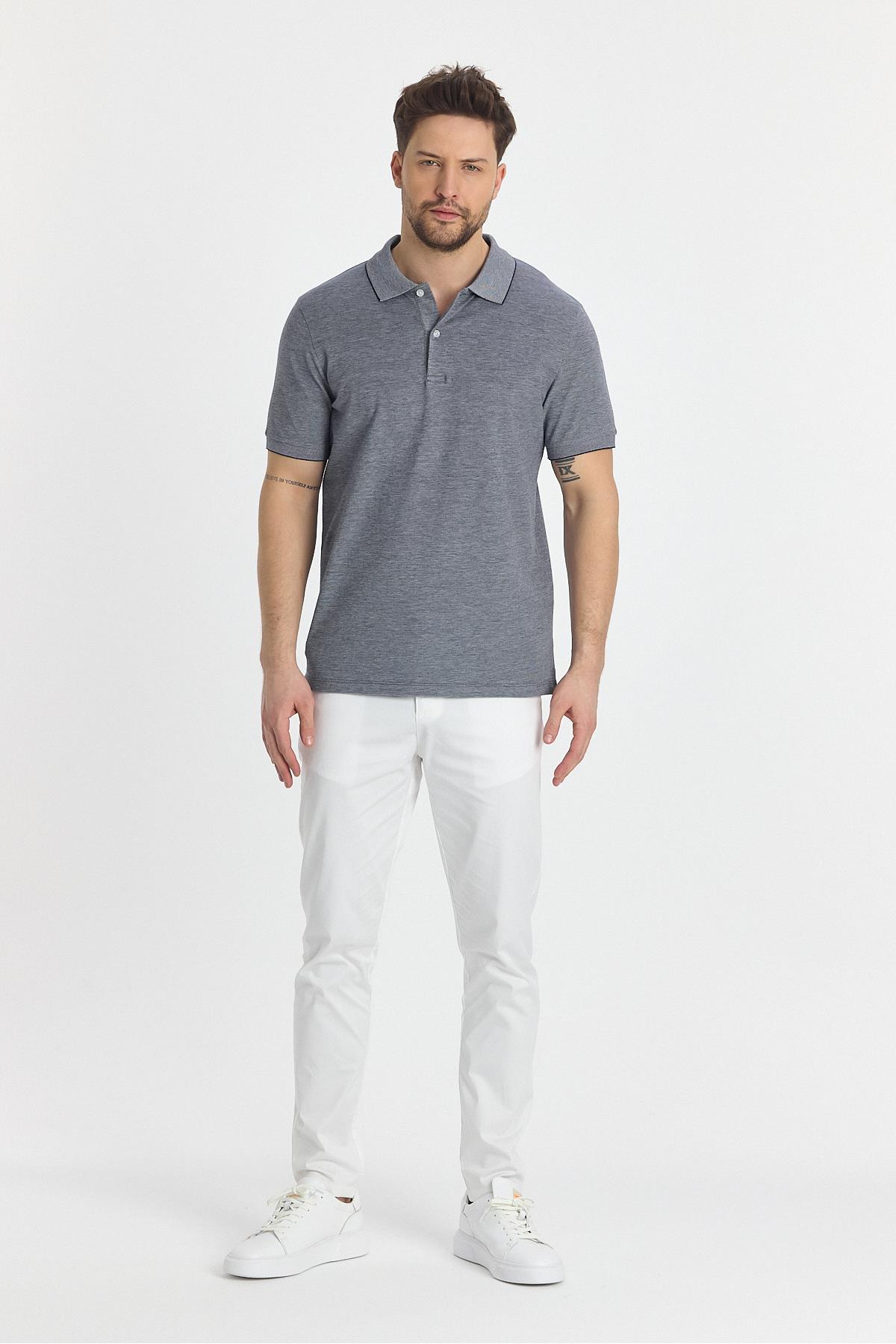 Boggee Pedso Erkek Lacivert İtalyan Yaka Çekmez Likralı %100 Pamuklu Kumaş Slim Fit Polo Yaka Tişört