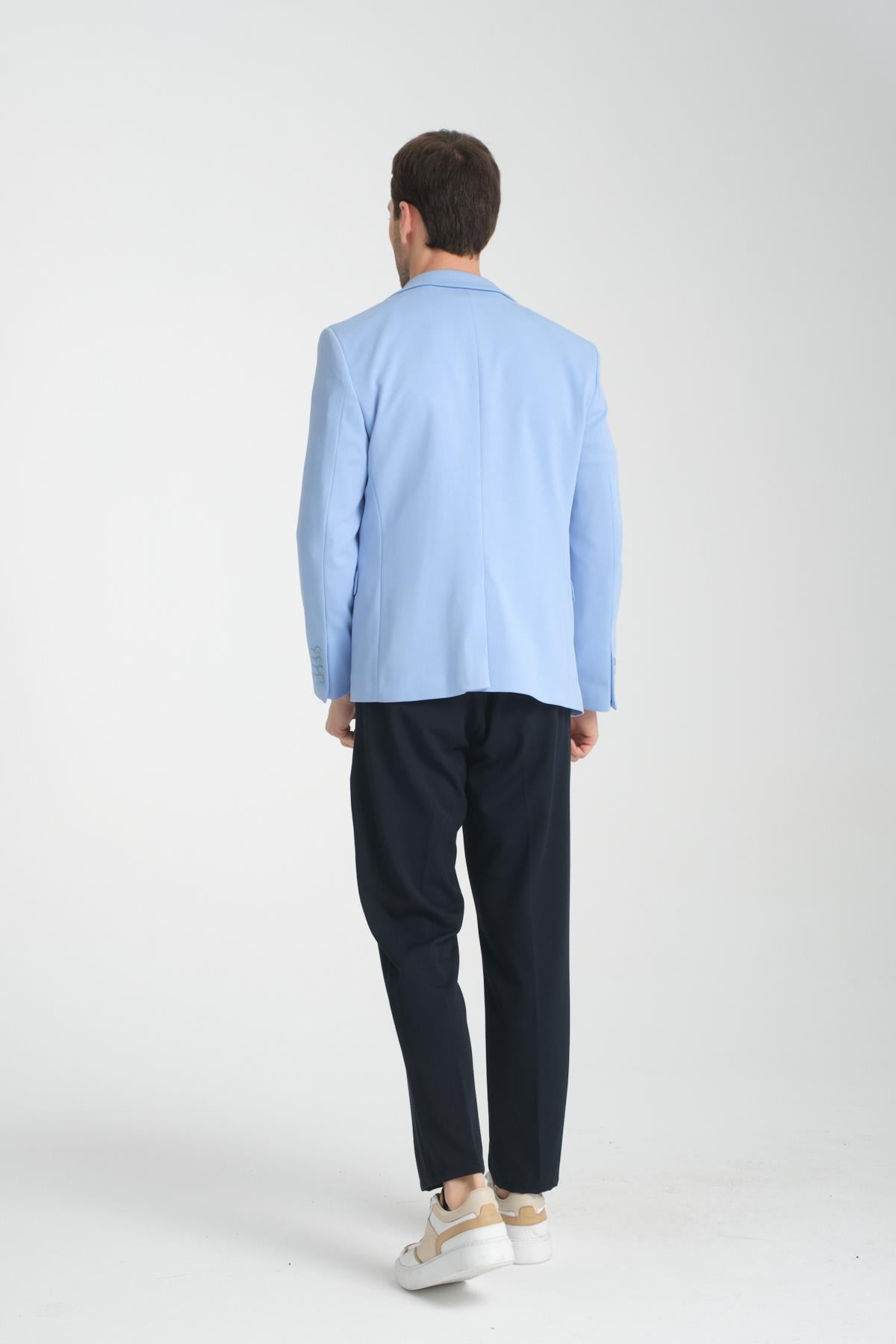 Bortolo Erkek Buz Mavi Örme Esneyen Likralı Mono Yaka Slim Fit Spor Blazer Ceket