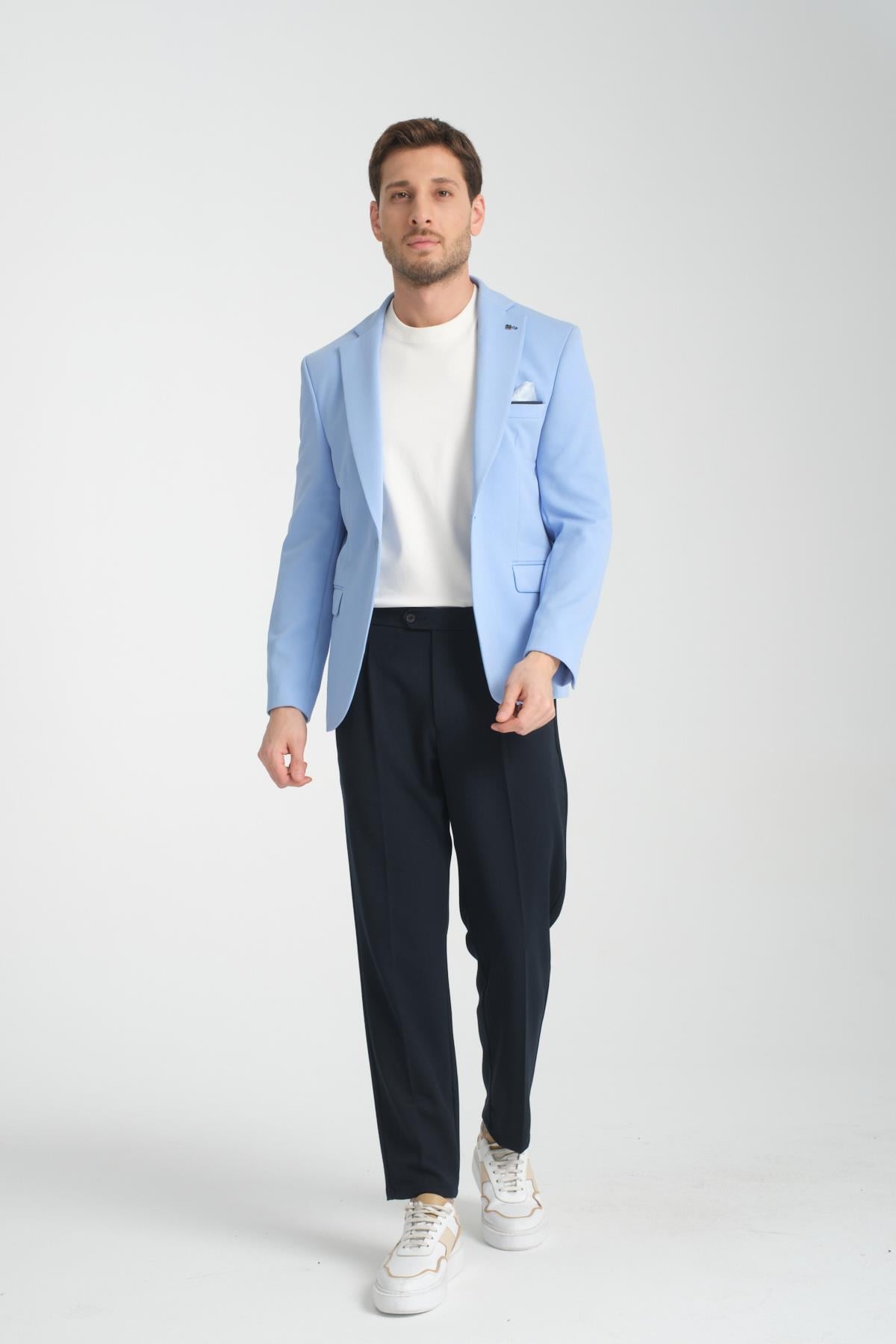 Bortolo Erkek Buz Mavi Örme Esneyen Likralı Mono Yaka Slim Fit Spor Blazer Ceket