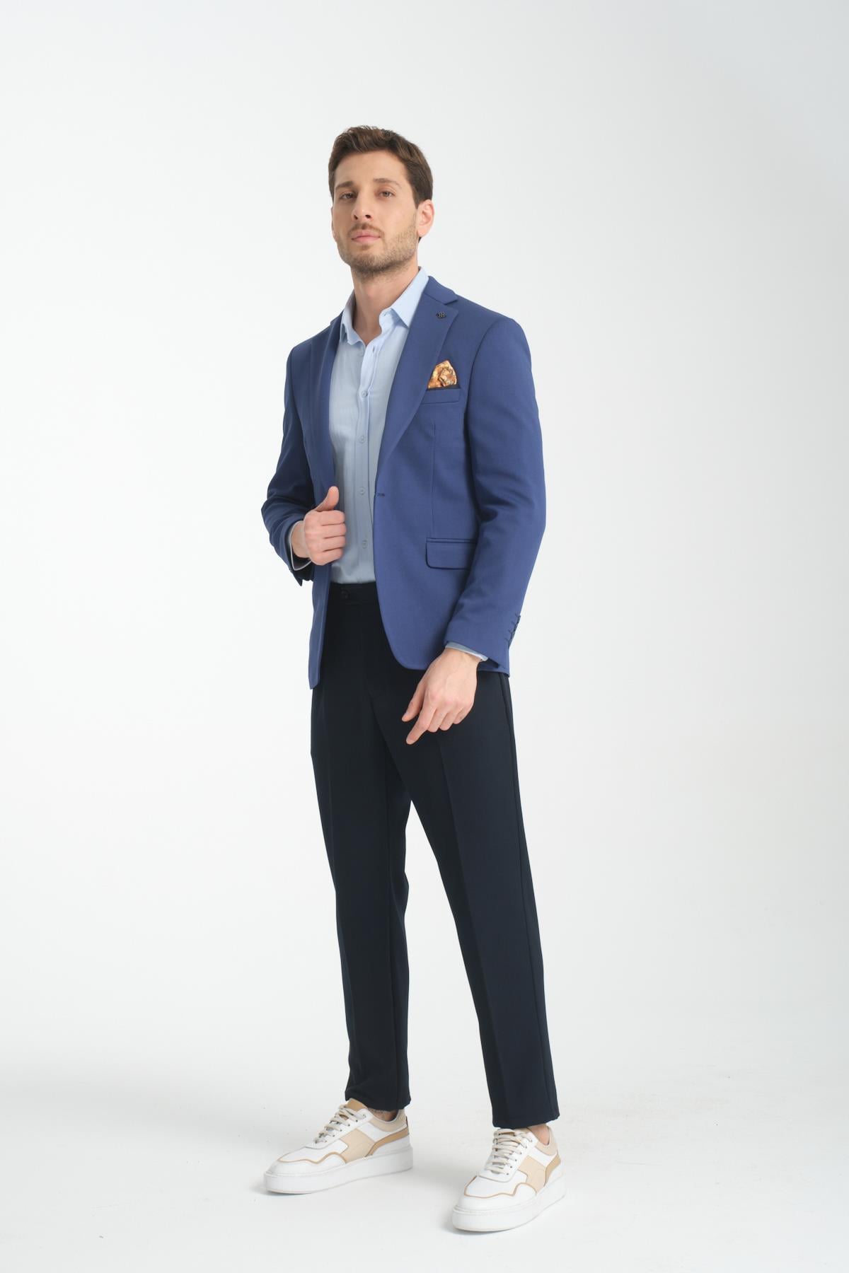 Bortolo Erkek Lacivert Örme Esneyen Likralı Mono Yaka Slim Fit Spor Blazer Ceket
