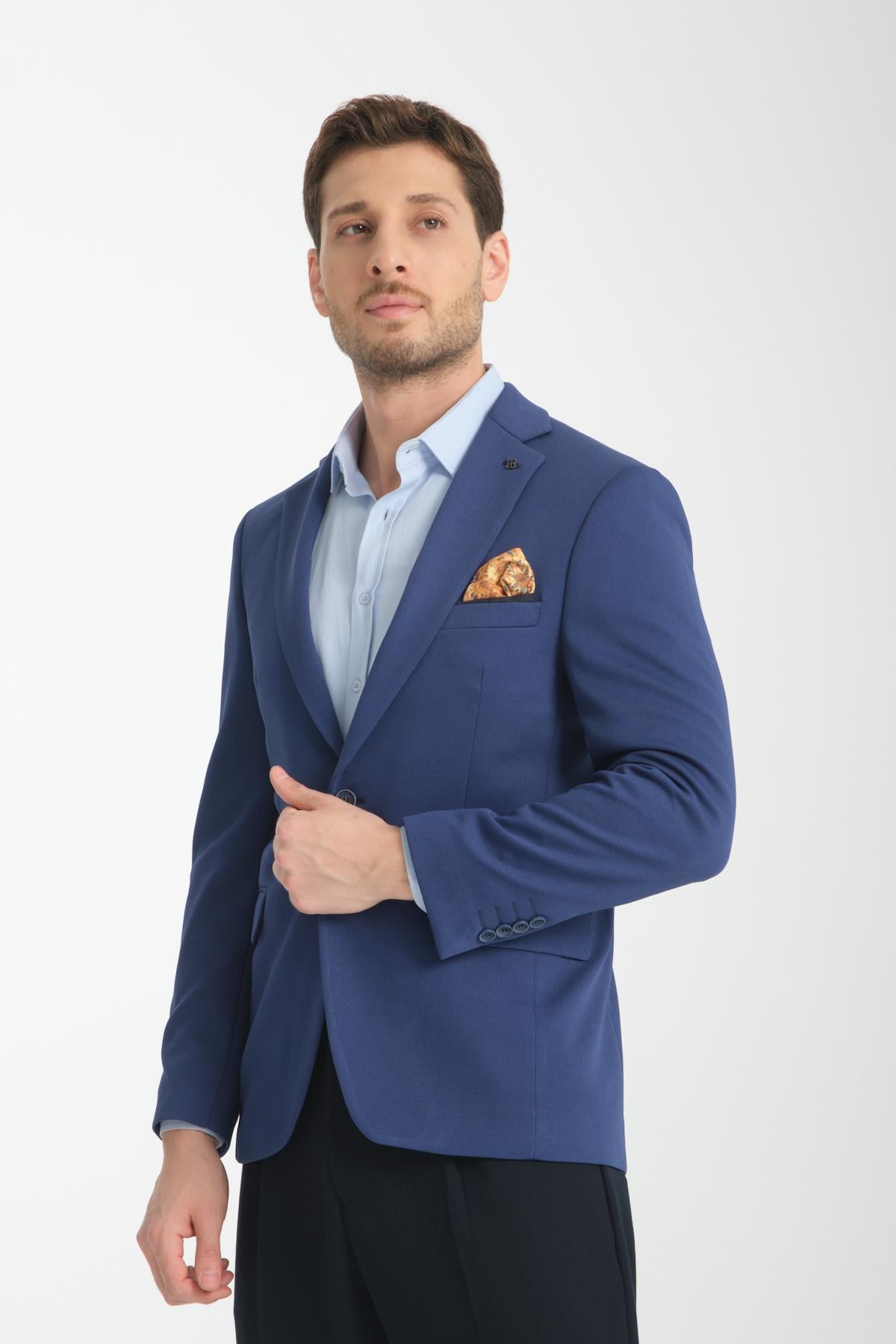 Bortolo Erkek Lacivert Örme Esneyen Likralı Mono Yaka Slim Fit Spor Blazer Ceket