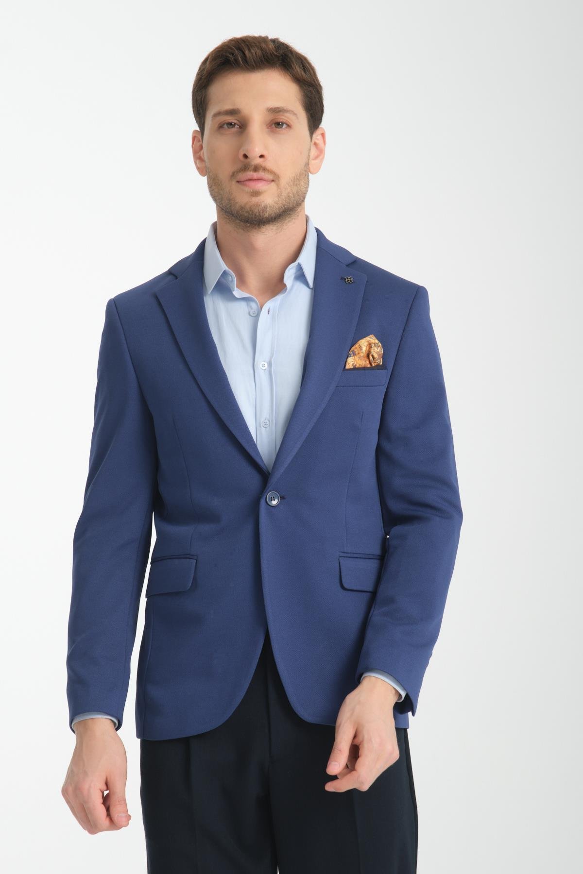 Bortolo Erkek Lacivert Örme Esneyen Likralı Mono Yaka Slim Fit Spor Blazer Ceket