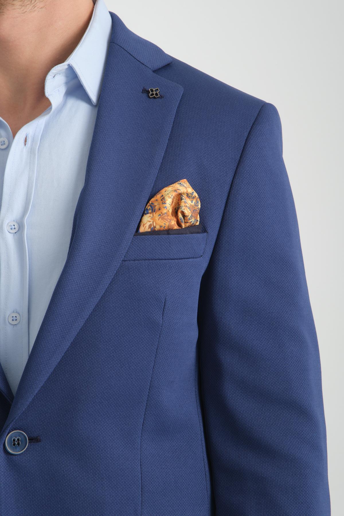 Bortolo Erkek Lacivert Örme Esneyen Likralı Mono Yaka Slim Fit Spor Blazer Ceket