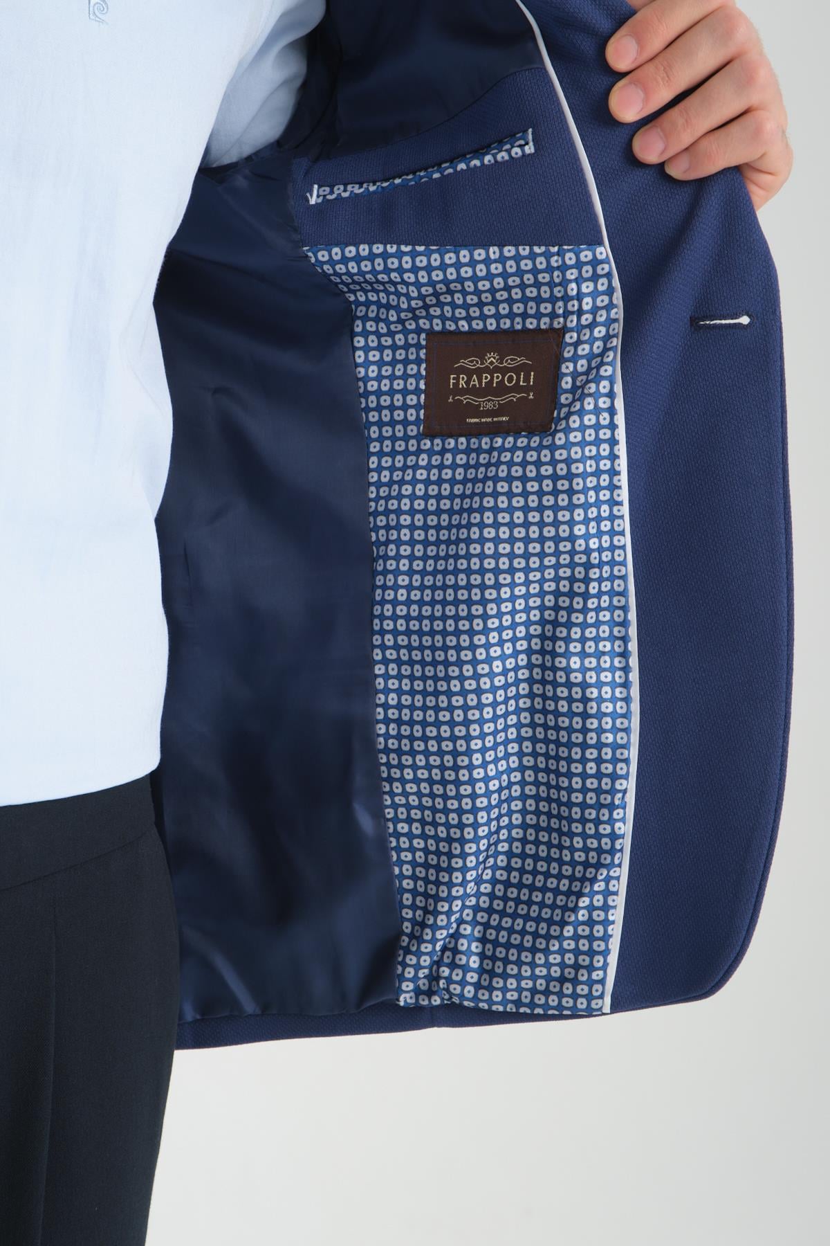 Bortolo Erkek Lacivert Örme Esneyen Likralı Mono Yaka Slim Fit Spor Blazer Ceket