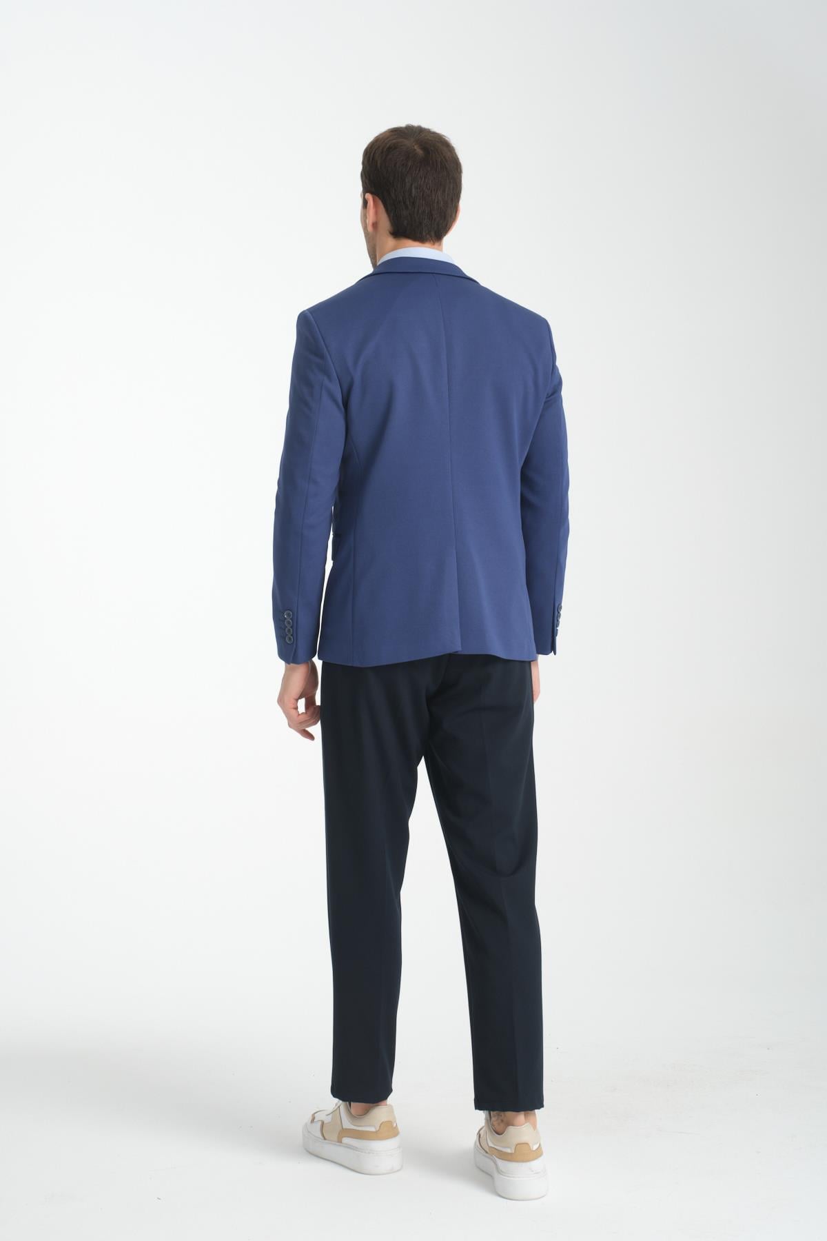 Bortolo Erkek Lacivert Örme Esneyen Likralı Mono Yaka Slim Fit Spor Blazer Ceket
