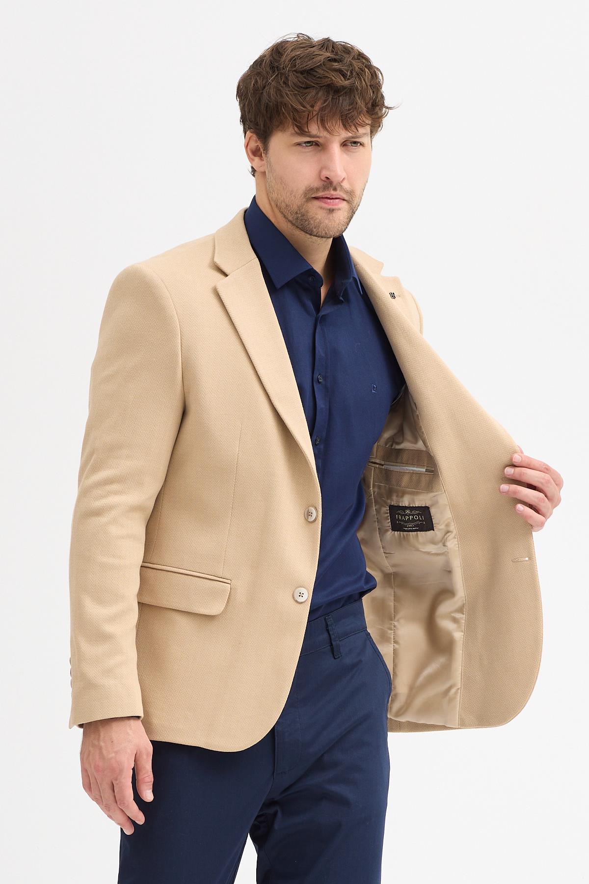 Brando Erkek Camel Kendinden Desenli Slim Fit Pamuklu Likralı Esneyen Kumaşlı Blazer Ceket