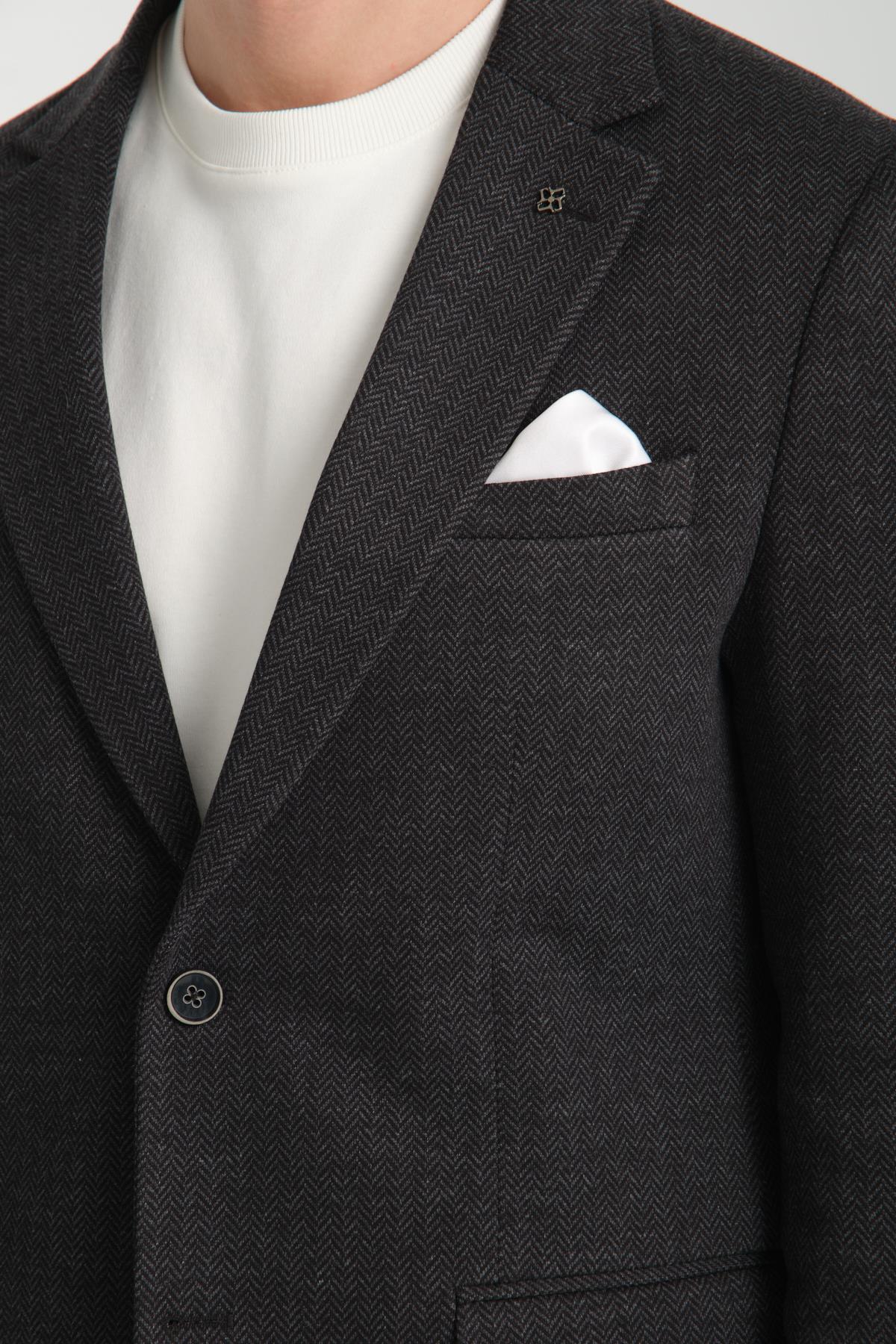 Brando Erkek Siyah Kendinden Desenli Slim Fit Pamuklu Likralı Esneyen Kumaşlı Blazer Ceket