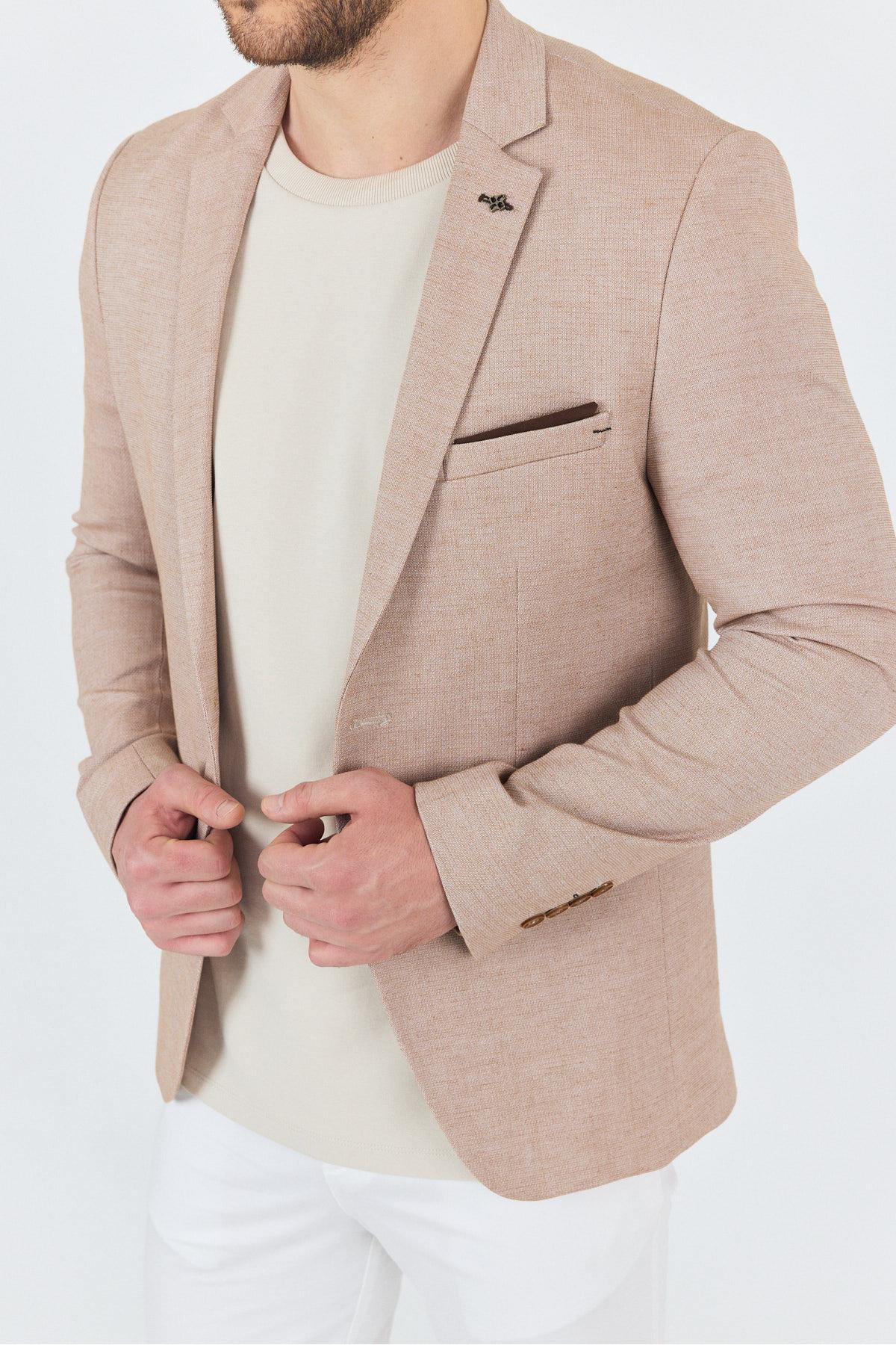 Bruno Erkek Camel Keten Karışımlı Slim Fit Dar Kesim İlkbahar-Yazlık Spor Blazer Ceket