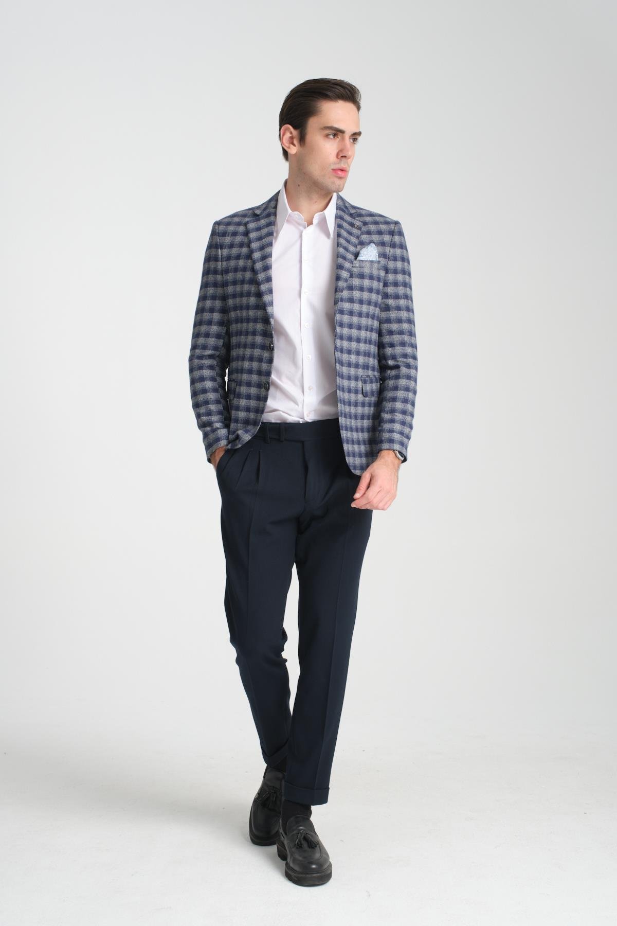 Cabrio Erkek Lacivert-Gri Ekose Desenli Slim Fit Mono Yaka Blazer Ceket