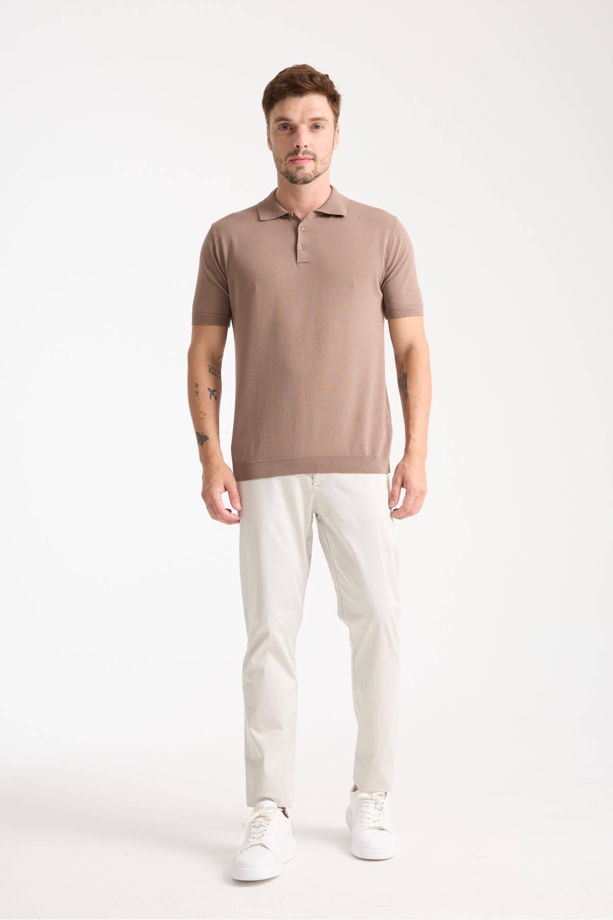 Cadiz Erkek Vizon Pamuk Karışımlı Polo Yaka Slim Fit Triko