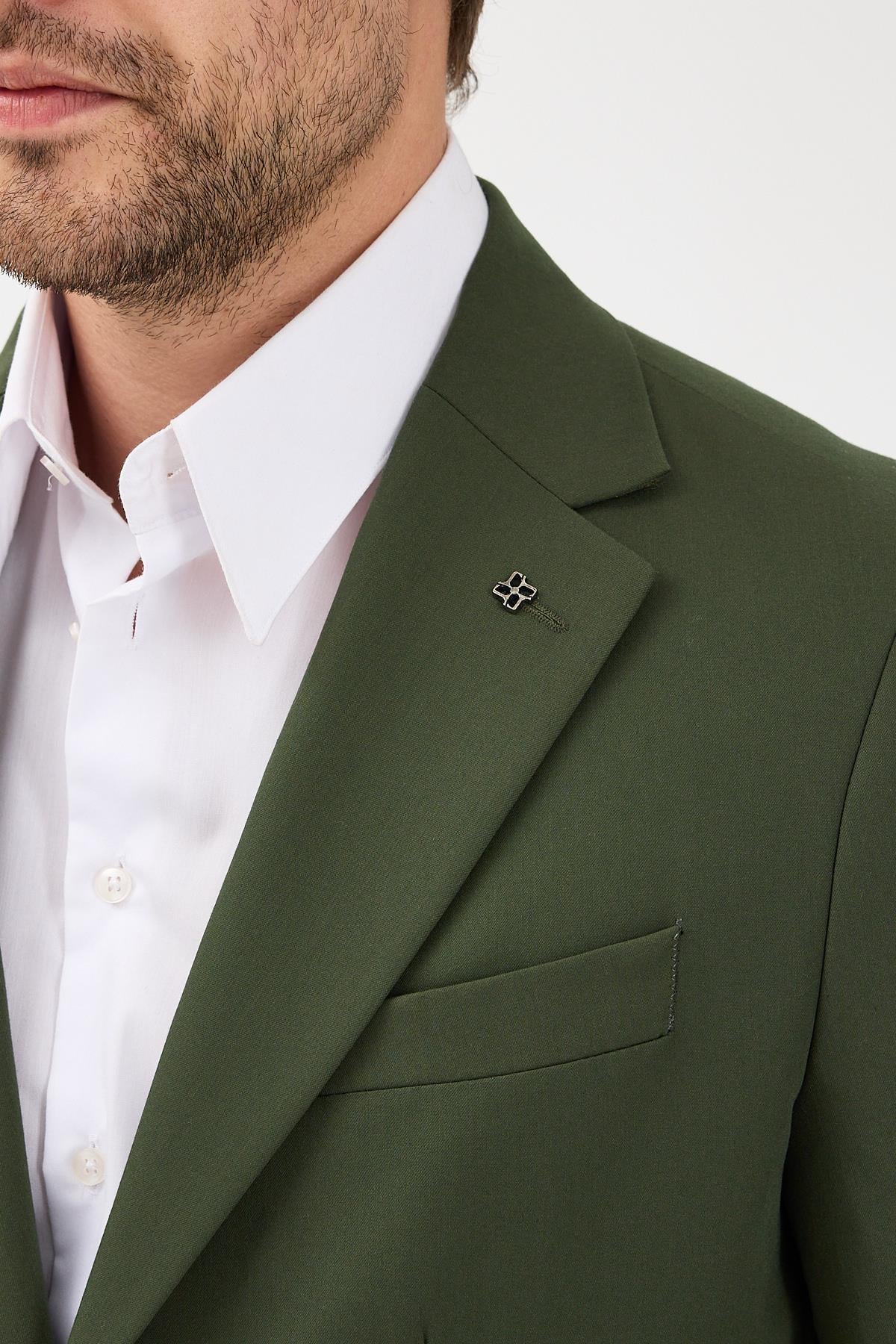 Caserta Erkek Haki Poliviskon Kumaşlı Mono Yaka Torba Cepli Yarım Astar Slim Fit 2'li Takım Elbise