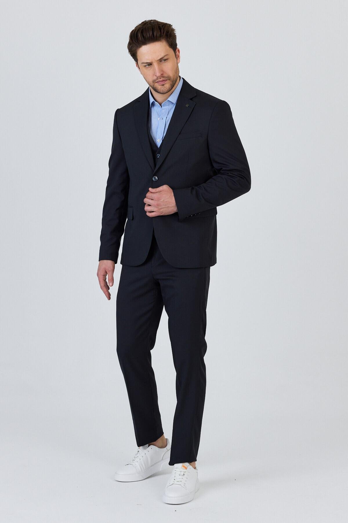 Celiato Erkek Koyu Lacivert Poliviskon Kumaşlı Ceket+Pantolon+Yelekli Slim Fit Takim Elbise