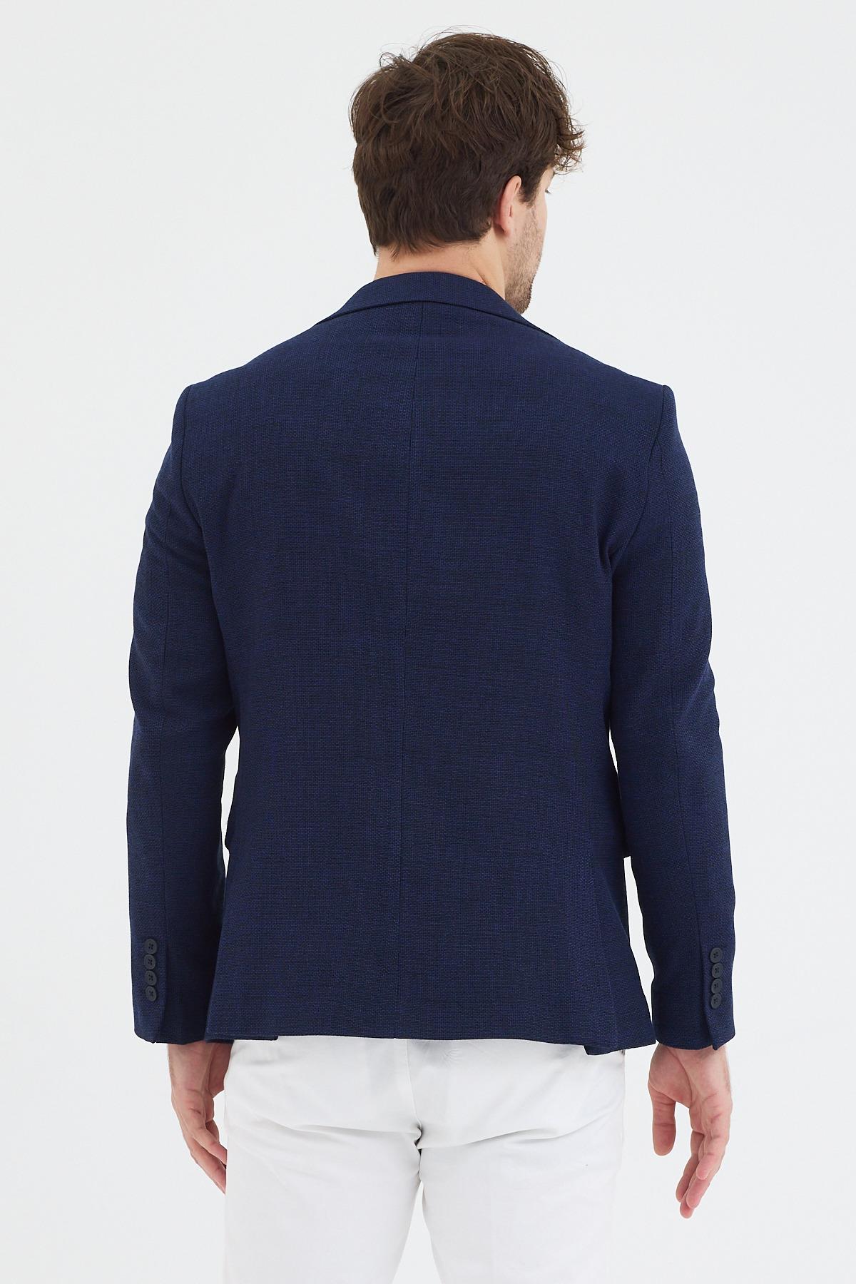 Celux Erkek İndigo Poliviskon Kumaşlı Slim Fit Kendinden Mendilli Mono Yaka Spor Blazer Ceket