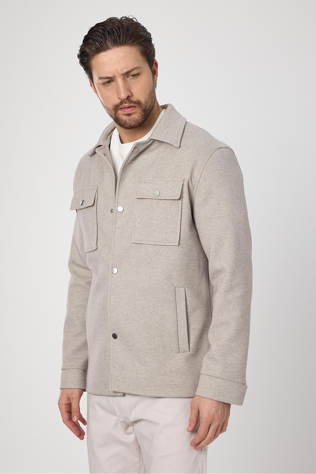 Çıtçıtlı Erkek Bej Slim Fit Baharlık Trenç Ceket Örme Esneyen Kumaş Kapak Cepli