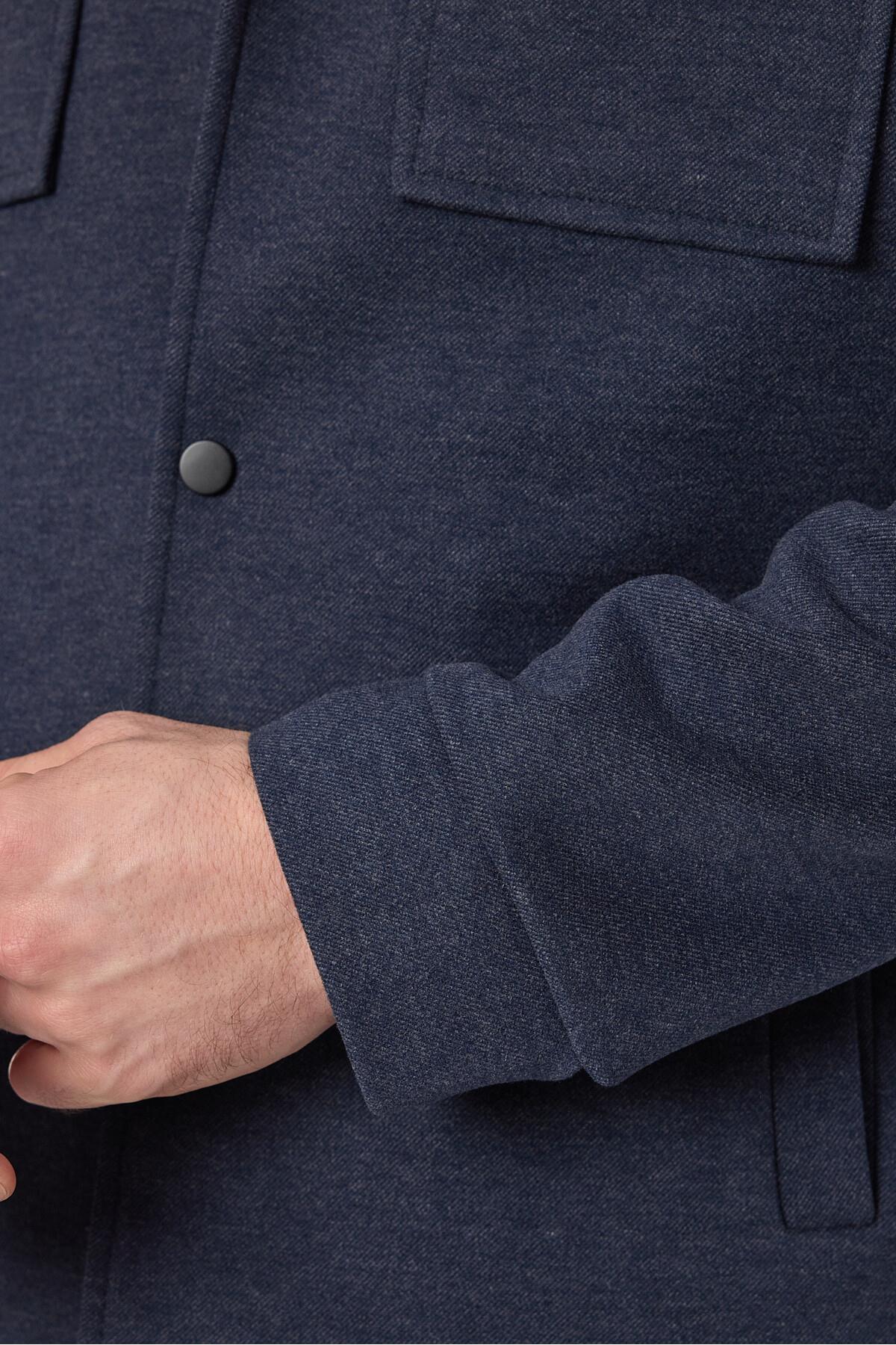 Çıtçıtlı Erkek Lacivert Slim Fit Baharlık Trenç Ceket Örme Esneyen Kumaş Kapak Cepli