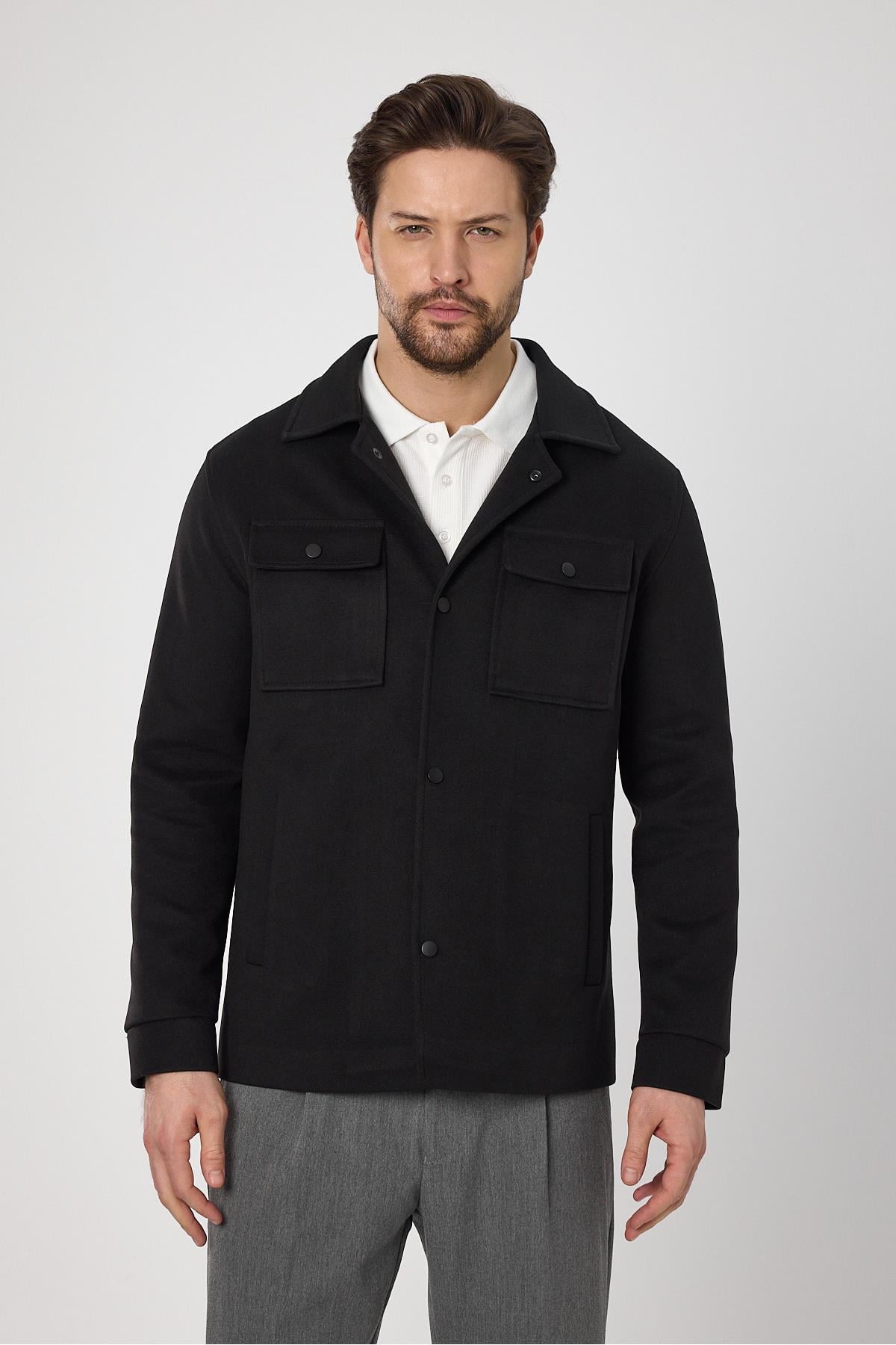 Çıtçıtlı Erkek Siyah Slim Fit Baharlık Trenç Ceket Örme Esneyen Kumaş Kapak Cepli